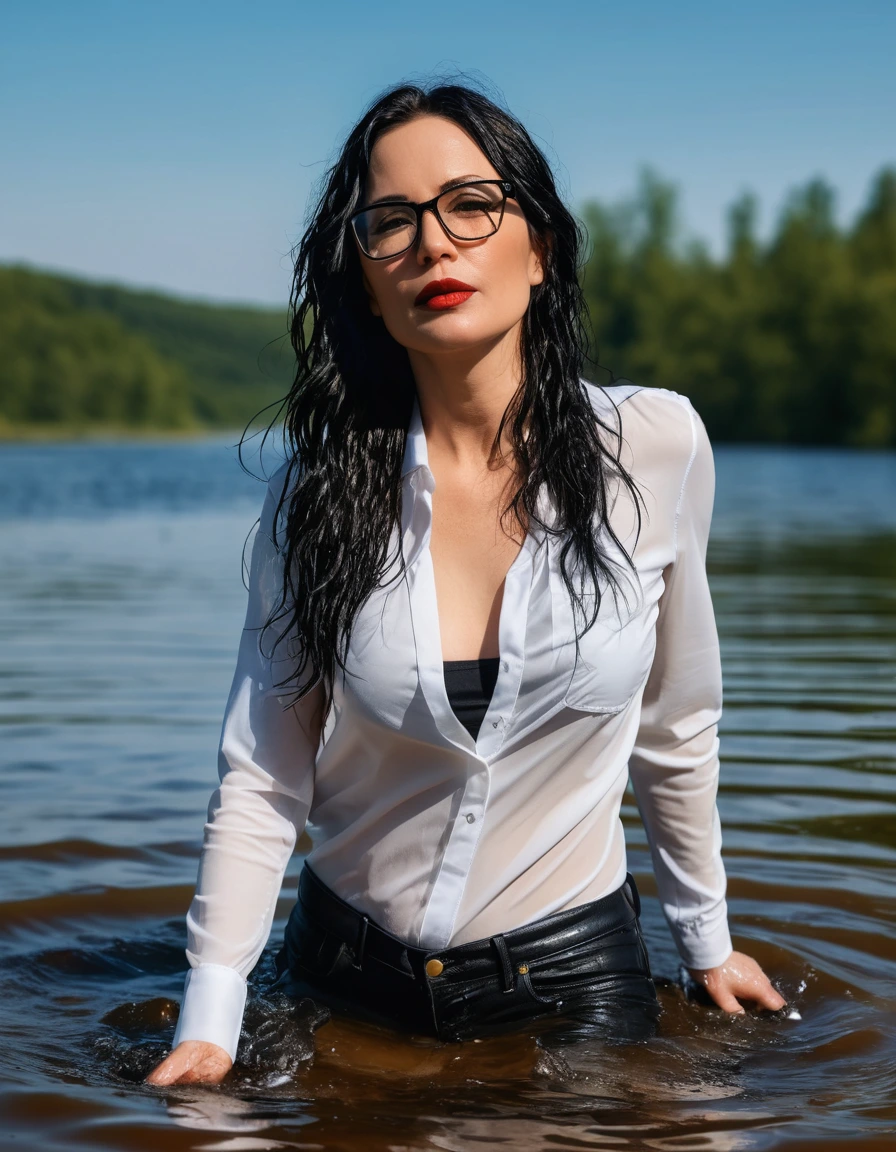 photo of young woman, in soaking wet, drenched clothes,
office shoes , long white leather jeans, black tank top with long sleeves, walking submerged in sunny deep lake, 
enjoying, wet clothes stuck to body,
detailed textures of the wet clothes, wet face, wet plastered hair,
wet, drenched, professional, high-quality details, full body view.
sharp focus, ultra-high pixel detail, realistic, high-quality, full colors, incredibly detailed, 4k, 8k, 16k, hyper-realistic, RAW photo, masterpiece, ultra-detailed, professionally color graded, professional photograph, woman 51 years old, long black hair, very big and thick lips, office glasses, complete body, open mouth, dry skin, dry clothes, dry fabric, dry skin, dry clothes, dry fabric, dry skin, dry clothes, dry fabric