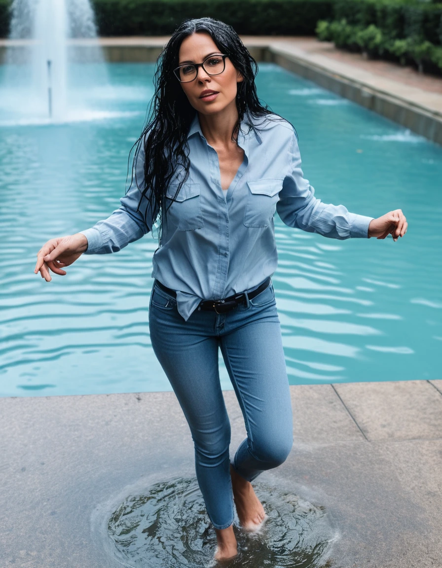 photo of young woman, in soaking wet, drenched clothes,
office shoes , long light blue tight jeans, light blue jeans shirt with long sleeves, walking submerged in public artesian fountain, 
enjoying, wet clothes stuck to body,
detailed textures of the wet clothes, wet face, wet plastered hair,
wet, drenched, professional, high-quality details, full body view.
sharp focus, ultra-high pixel detail, realistic, high-quality, full colors, incredibly detailed, 4k, 8k, 16k, hyper-realistic, RAW photo, masterpiece, ultra-detailed, professionally color graded, professional photograph, woman 51 years old, long black hair, very big and thick lips, office glasses, complete body, open mouth, hands in the air, dry skin, dry clothes, dry fabric