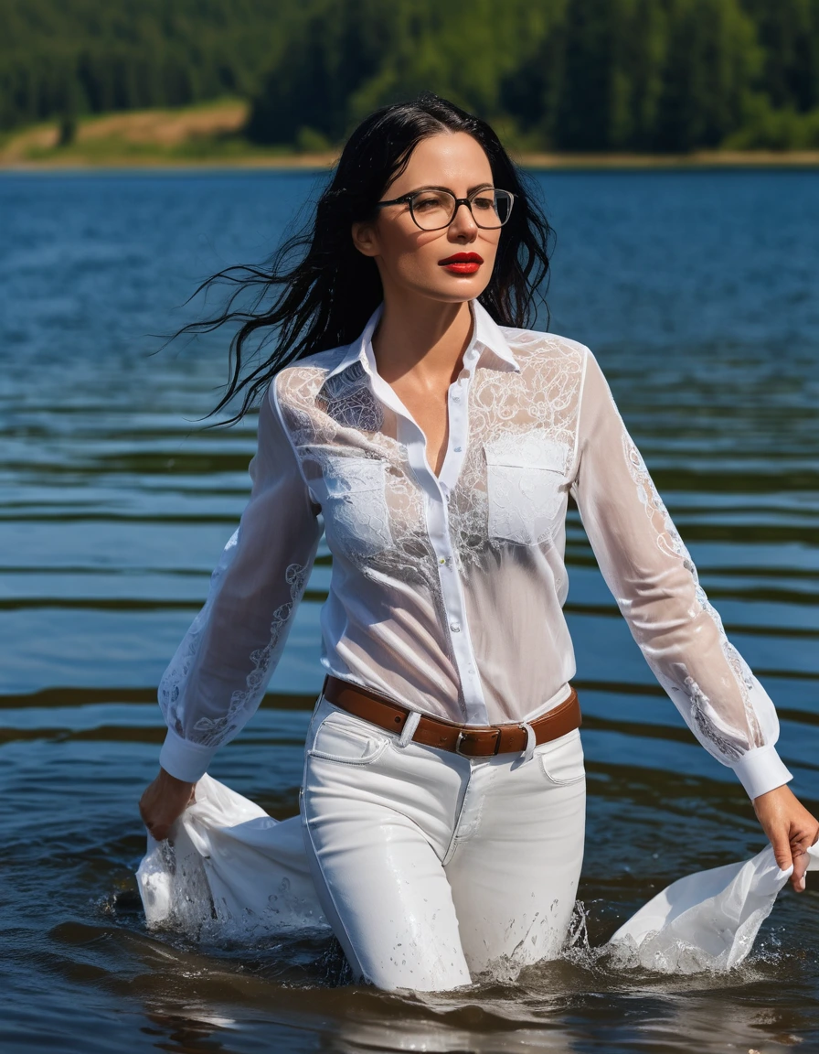 photo of young woman, in soaking wet, drenched clothes,
office shoes , long white leather jeans, white silk lace shirt with long sleeves, walking submerged in sunny deep lake, 
enjoying, wet clothes stuck to body,
detailed textures of the wet clothes, wet face, wet plastered hair,
wet, drenched, professional, high-quality details, full body view.
sharp focus, ultra-high pixel detail, realistic, high-quality, full colors, incredibly detailed, 4k, 8k, 16k, hyper-realistic, RAW photo, masterpiece, ultra-detailed, professionally color graded, professional photograph, woman 51 years old, long black hair, very big and thick lips, office glasses, complete body, open mouth, dry skin, dry clothes, dry fabric, dry skin, dry clothes, dry fabric, dry skin, dry clothes, dry fabric