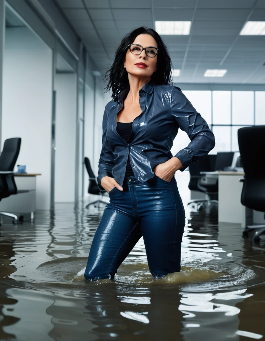 photo of young woman, in soaking wet, drenched clothes,
office shoes , long blue leather jeans, black leather jeans tank top with long sleeves, walking in flooded office, 
enjoying, wet clothes stuck to body,
detailed textures of the wet clothes, wet face, wet plastered hair,
wet, drenched, professional, high-quality details, full body view.
sharp focus, ultra-high pixel detail, realistic, high-quality, full colors, incredibly detailed, 4k, 8k, 16k, hyper-realistic, RAW photo, masterpiece, ultra-detailed, professionally color graded, professional photograph, woman 51 years old, long black hair, very big and thick lips, office glasses, complete body, open mouth, dry skin, dry clothes, dry fabric, dry skin, dry clothes, dry fabric