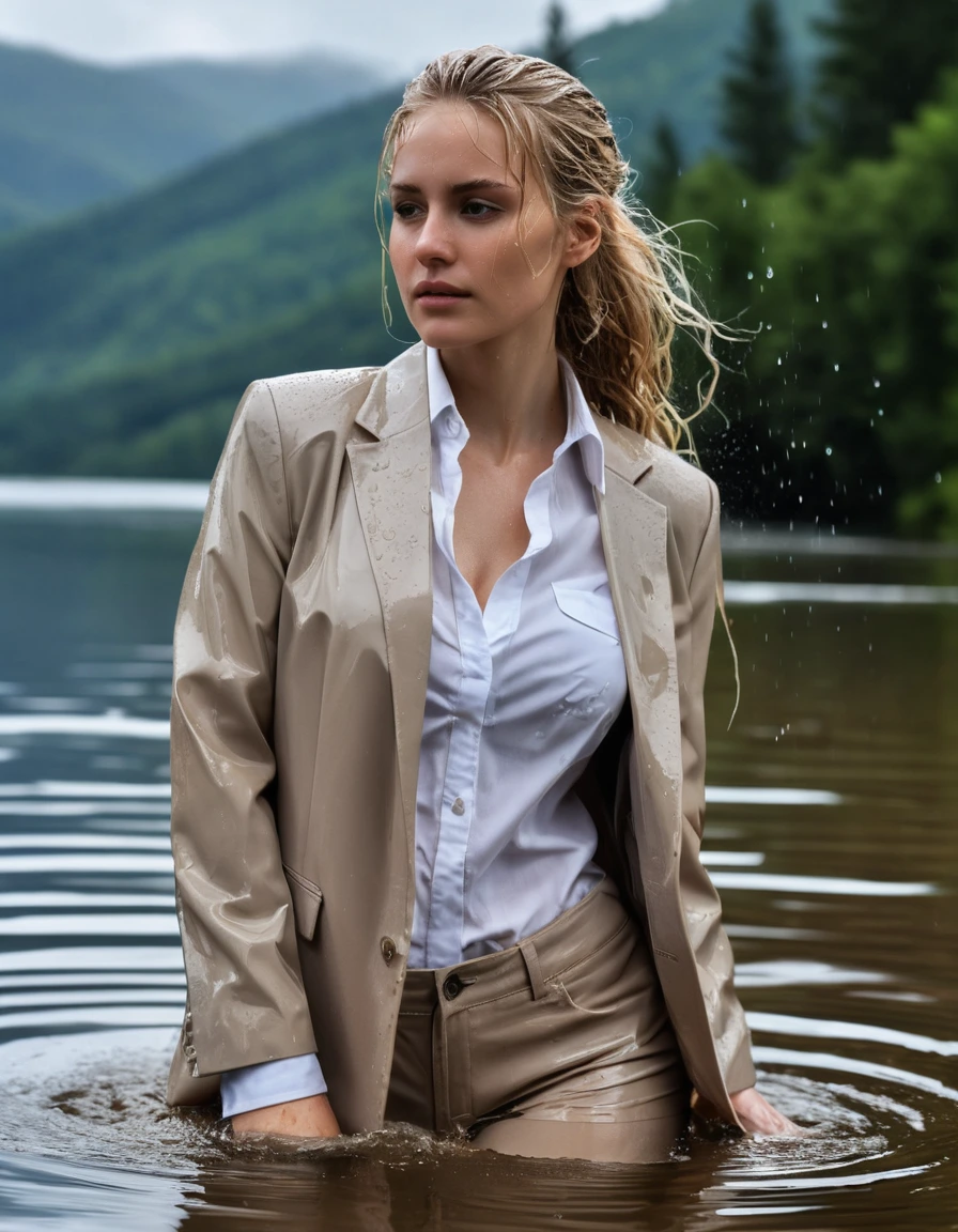 photo of young woman, in soaking wet, drenched clothes,
Beige Long Business Trouser, Beige Business Suit Jacket with white button down business shirt longsleeve, Clear Mountain lake with heavy rain, 
enjoying, wet clothes stuck to body,
detailed textures of the wet clothes, wet face, wet plastered hair,
wet, drenched, professional, high-quality details, full body view.
sharp focus, ultra-high pixel detail, realistic, high-quality, full colors, incredibly detailed, 4k, 8k, 16k, hyper-realistic, RAW photo, masterpiece, ultra-detailed, professionally color graded, professional photograph, young elegant beautiful white Blonde women, breast deep submerged, under a big rainshower, fully clothed, completely soaked, fully drenched, completely wet, wetlook, heavy rain, side parting, long hair, rain storm, looks confidently into camera, dry skin, dry clothes, dry fabric