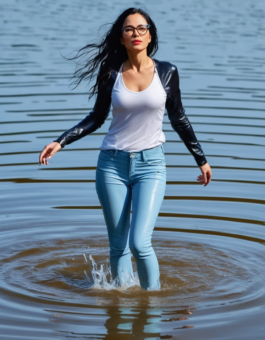 photo of young woman, in soaking wet, drenched clothes,
office shoes , long light blue leather jeans, white tank top with long sleeves, walking submerged in sunny deep lake, 
enjoying, wet clothes stuck to body,
detailed textures of the wet clothes, wet face, wet plastered hair,
wet, drenched, professional, high-quality details, full body view.
sharp focus, ultra-high pixel detail, realistic, high-quality, full colors, incredibly detailed, 4k, 8k, 16k, hyper-realistic, RAW photo, masterpiece, ultra-detailed, professionally color graded, professional photograph, woman 51 years old, long black hair, very big and thick lips, office glasses, complete body, open mouth, dry skin, dry clothes, dry fabric
