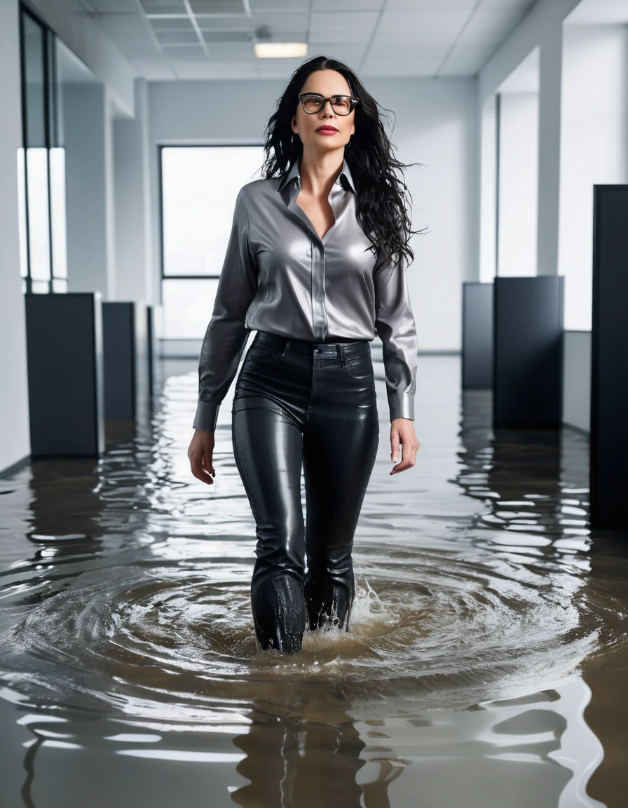 photo of young woman, in soaking wet, drenched clothes,
office shoes , long black leather jeans, gray silk satin shirt with long sleeves, walking submerged in flooded office, 
enjoying, wet clothes stuck to body,
detailed textures of the wet clothes, wet face, wet plastered hair,
wet, drenched, professional, high-quality details, full body view.
sharp focus, ultra-high pixel detail, realistic, high-quality, full colors, incredibly detailed, 4k, 8k, 16k, hyper-realistic, RAW photo, masterpiece, ultra-detailed, professionally color graded, professional photograph, woman 51 years old, long black hair, very big and thick lips, office glasses, complete body, open mouth, dry skin, dry clothes, dry fabric, dry skin, dry clothes, dry fabric, dry skin, dry clothes, dry fabric, dry skin, dry clothes, dry fabric, dry skin, dry clothes, dry fabric