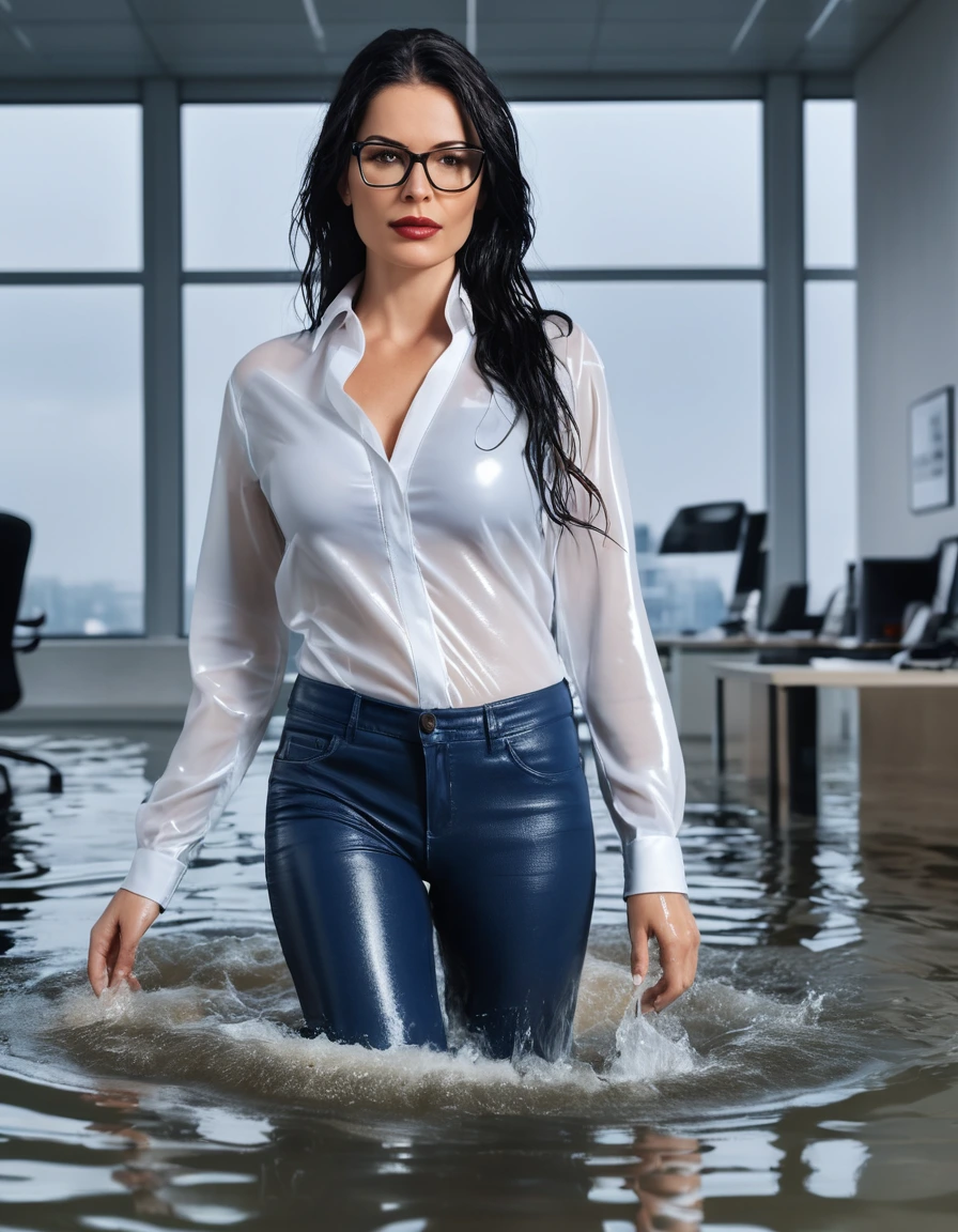 photo of young woman, in soaking wet, drenched clothes,
office shoes , long darkblue tight leather jeans, white soaked seethrough silk satin opened shirt with long sleeves over topless, walking submerged in flooded office, 
enjoying, wet clothes stuck to body,
detailed textures of the wet clothes, wet face, wet plastered hair,
wet, drenched, professional, high-quality details, full body view.
sharp focus, ultra-high pixel detail, realistic, high-quality, full colors, incredibly detailed, 4k, 8k, 16k, hyper-realistic, RAW photo, masterpiece, ultra-detailed, professionally color graded, professional photograph, Two woman 51 years old, long black hair, very big and thick lips, office glasses, complete body,, dry skin, dry clothes, dry fabric