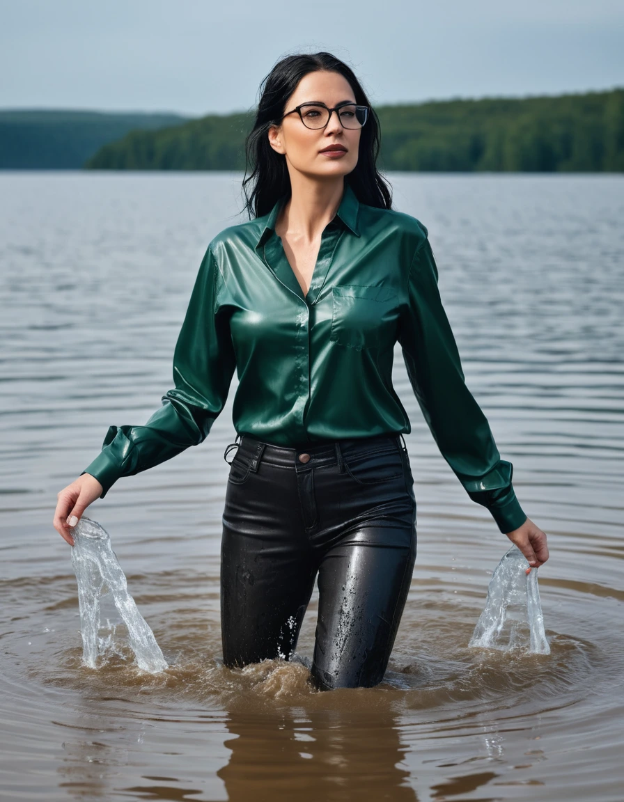photo of young woman, in soaking wet, drenched clothes,
office shoes , long black leather jeans, dark green satin shirt with long sleeves, walking submerged in sunny deep lake, 
enjoying, wet clothes stuck to body,
detailed textures of the wet clothes, wet face, wet plastered hair,
wet, drenched, professional, high-quality details, full body view.
sharp focus, ultra-high pixel detail, realistic, high-quality, full colors, incredibly detailed, 4k, 8k, 16k, hyper-realistic, RAW photo, masterpiece, ultra-detailed, professionally color graded, professional photograph, woman 51 years old, long black hair, very big and thick lips, office glasses, complete body, open mouth, dry skin, dry clothes, dry fabric, dry skin, dry clothes, dry fabric, dry skin, dry clothes, dry fabric, dry skin, dry clothes, dry fabric