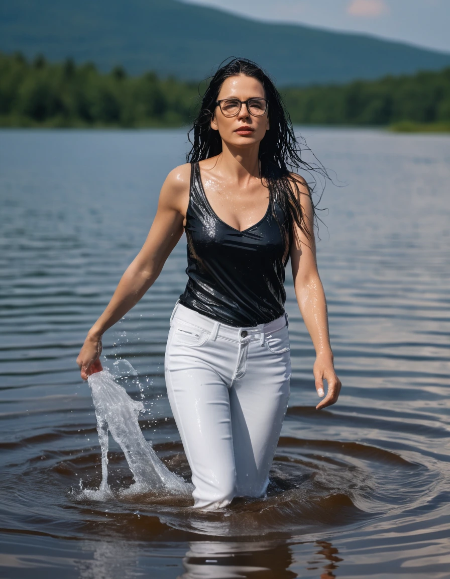photo of young woman, in soaking wet, drenched clothes,
office shoes , long white leather jeans, black tank top, walking submerged in sunny deep lake, 
enjoying, wet clothes stuck to body,
detailed textures of the wet clothes, wet face, wet plastered hair,
wet, drenched, professional, high-quality details, full body view.
sharp focus, ultra-high pixel detail, realistic, high-quality, full colors, incredibly detailed, 4k, 8k, 16k, hyper-realistic, RAW photo, masterpiece, ultra-detailed, professionally color graded, professional photograph, woman 51 years old, long black hair, very big and thick lips, office glasses, complete body, open mouth, dry skin, dry clothes, dry fabric, dry skin, dry clothes, dry fabric, dry skin, dry clothes, dry fabric