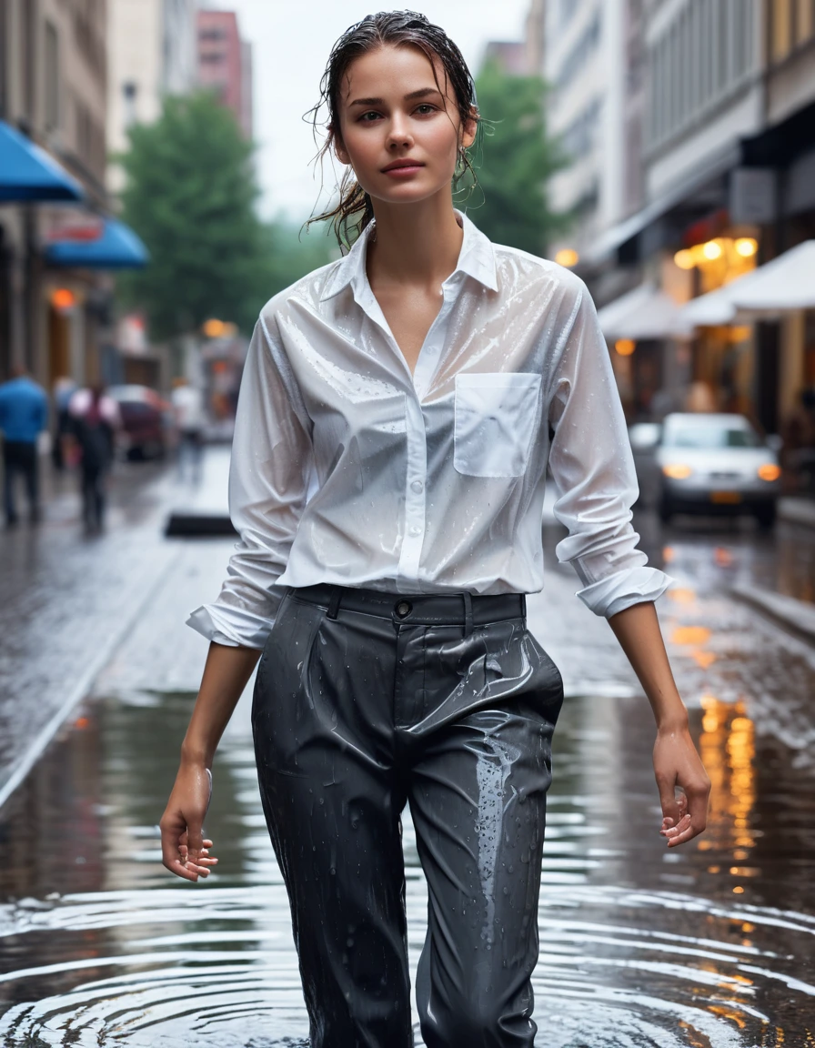 photo of young woman, in soaking wet, drenched clothes,
black leather loafers with droplets of water on the surface, charcoal grey tailored trousers, heavily saturated and clinging to skin, white button-down shirt, translucent and soaked, clinging to torso, modern urban shopping district, wet pavement, fountain in background, 
enjoying, wet clothes stuck to body,
detailed textures of the wet clothes, wet face, wet plastered hair,
wet, drenched, professional, high-quality details, full body view.
sharp focus, ultra-high pixel detail, realistic, high-quality, full colors, incredibly detailed, 4k, 8k, 16k, hyper-realistic, RAW photo, masterpiece, ultra-detailed, professionally color graded, professional photograph, photorealistic, cinematic lighting, water droplets on fabric, translucent wet fabric effect, high contrast, sharp focus, vibrant daylight, dry skin, dry clothes, dry fabric