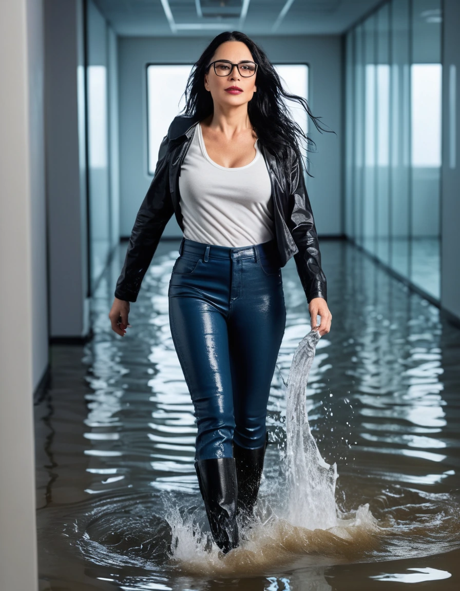 photo of young woman, in soaking wet, drenched clothes,
office shoes , long blue leather jeans, black leather jeans tank top with long sleeves, walking in flooded office, 
enjoying, wet clothes stuck to body,
detailed textures of the wet clothes, wet face, wet plastered hair,
wet, drenched, professional, high-quality details, full body view.
sharp focus, ultra-high pixel detail, realistic, high-quality, full colors, incredibly detailed, 4k, 8k, 16k, hyper-realistic, RAW photo, masterpiece, ultra-detailed, professionally color graded, professional photograph, woman 51 years old, long black hair, very big and thick lips, office glasses, complete body, open mouth, dry skin, dry clothes, dry fabric, dry skin, dry clothes, dry fabric