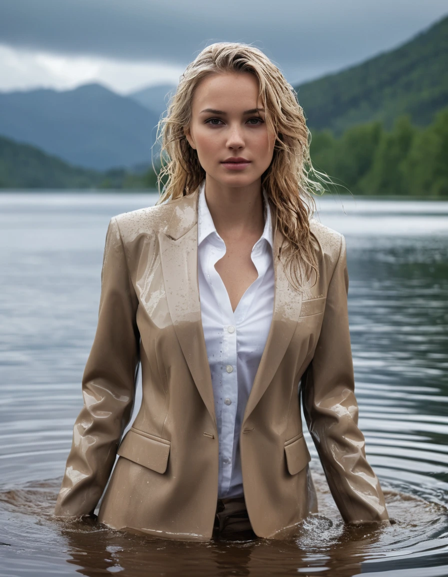 photo of young woman, in soaking wet, drenched clothes,
Beige Long Business Trouser, Beige Business Suit Jacket with white button down business shirt longsleeve, Clear Mountain lake with heavy rain, 
enjoying, wet clothes stuck to body,
detailed textures of the wet clothes, wet face, wet plastered hair,
wet, drenched, professional, high-quality details, full body view.
sharp focus, ultra-high pixel detail, realistic, high-quality, full colors, incredibly detailed, 4k, 8k, 16k, hyper-realistic, RAW photo, masterpiece, ultra-detailed, professionally color graded, professional photograph, young elegant beautiful white Blonde women, breast deep submerged, under a big rainshower, fully clothed, completely soaked, fully drenched, completely wet, wetlook, heavy rain, side parting, long hair, rain storm, looks confidently into camera, dry skin, dry clothes, dry fabric