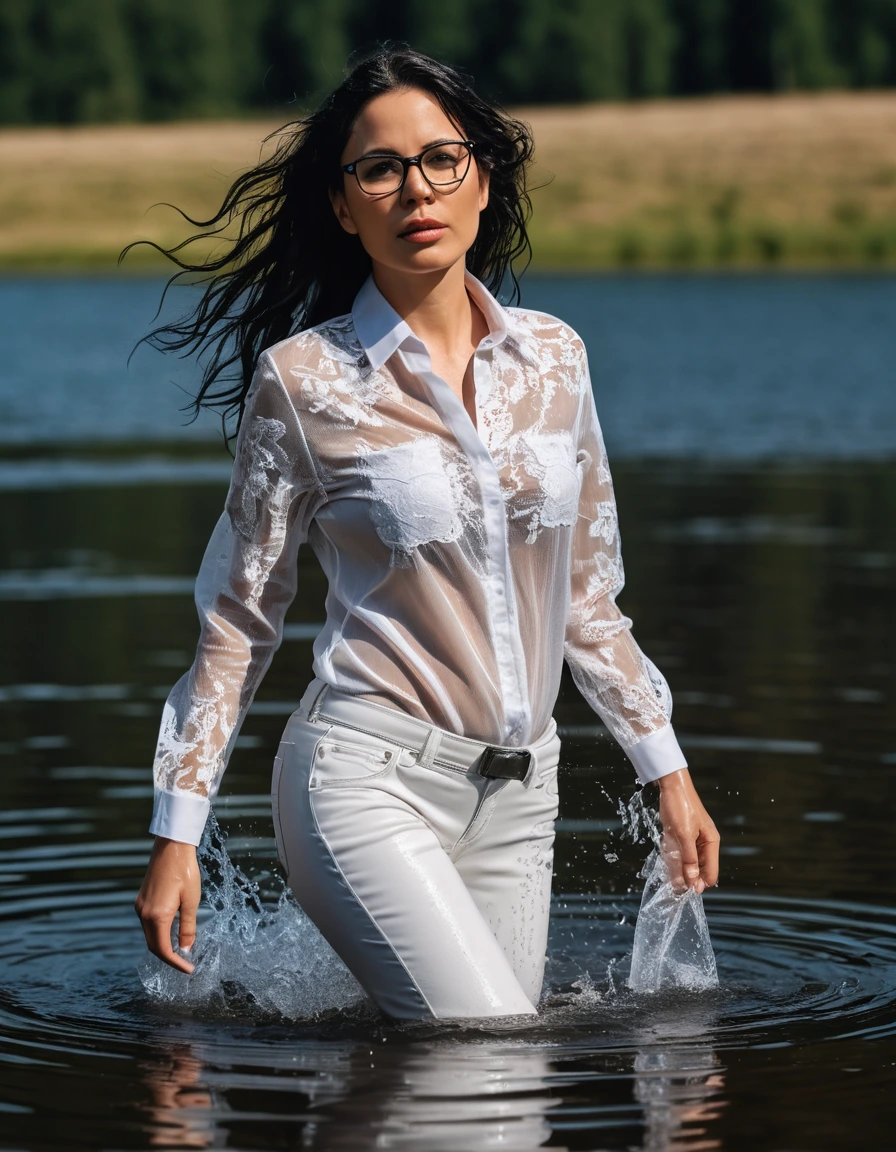 photo of young woman, in soaking wet, drenched clothes,
office shoes , long white leather jeans, white silk lace shirt with long sleeves, walking submerged in sunny deep lake, 
enjoying, wet clothes stuck to body,
detailed textures of the wet clothes, wet face, wet plastered hair,
wet, drenched, professional, high-quality details, full body view.
sharp focus, ultra-high pixel detail, realistic, high-quality, full colors, incredibly detailed, 4k, 8k, 16k, hyper-realistic, RAW photo, masterpiece, ultra-detailed, professionally color graded, professional photograph, woman 51 years old, long black hair, very big and thick lips, office glasses, complete body, open mouth, dry skin, dry clothes, dry fabric, dry skin, dry clothes, dry fabric, dry skin, dry clothes, dry fabric