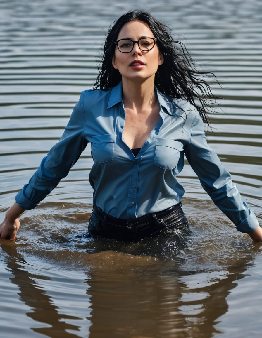 photo of young woman, in soaking wet, drenched clothes,
office shoes , long blue leather jeans, black tank top with long sleeves, walking submerged in sunny deep lake, 
enjoying, wet clothes stuck to body,
detailed textures of the wet clothes, wet face, wet plastered hair,
wet, drenched, professional, high-quality details, full body view.
sharp focus, ultra-high pixel detail, realistic, high-quality, full colors, incredibly detailed, 4k, 8k, 16k, hyper-realistic, RAW photo, masterpiece, ultra-detailed, professionally color graded, professional photograph, woman 51 years old, long black hair, very big and thick lips, office glasses, complete body, open mouth, dry skin, dry clothes, dry fabric, dry skin, dry clothes, dry fabric