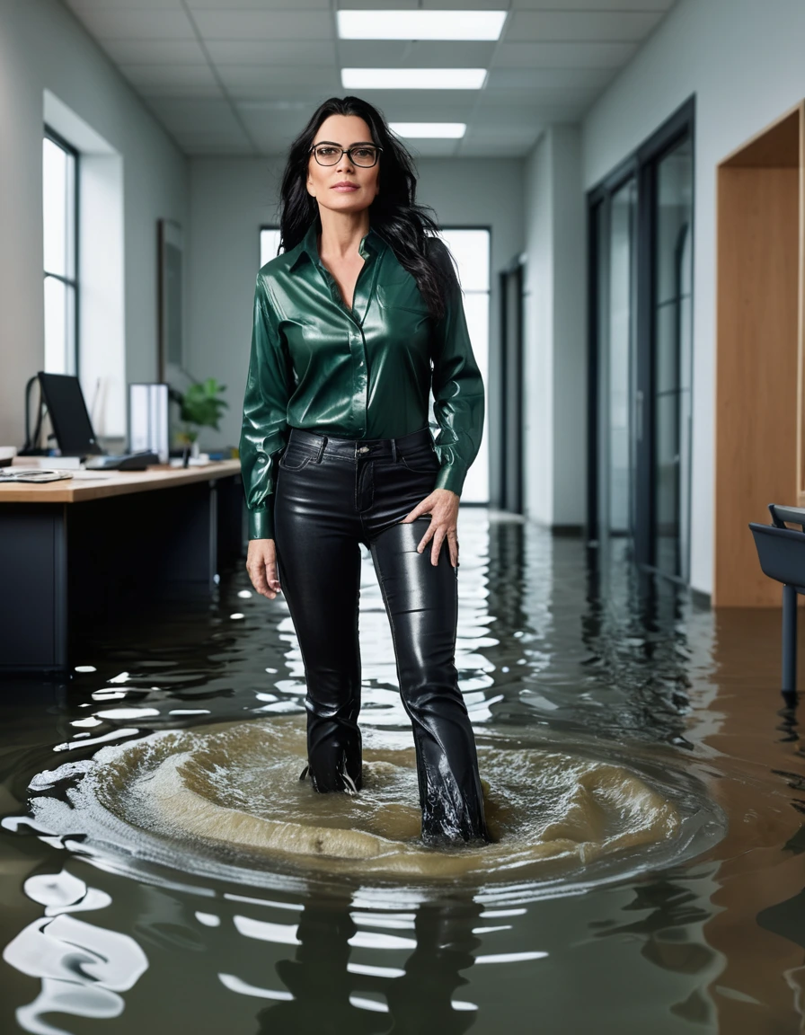 photo of young woman, in soaking wet, drenched clothes,
office shoes , long black leather jeans, dark green satin shirt with long sleeves, walking submerged in flooded office, 
enjoying, wet clothes stuck to body,
detailed textures of the wet clothes, wet face, wet plastered hair,
wet, drenched, professional, high-quality details, full body view.
sharp focus, ultra-high pixel detail, realistic, high-quality, full colors, incredibly detailed, 4k, 8k, 16k, hyper-realistic, RAW photo, masterpiece, ultra-detailed, professionally color graded, professional photograph, woman 51 years old, long black hair, very big and thick lips, office glasses, complete body, open mouth, dry skin, dry clothes, dry fabric, dry skin, dry clothes, dry fabric, dry skin, dry clothes, dry fabric, dry skin, dry clothes, dry fabric, dry skin, dry clothes, dry fabric