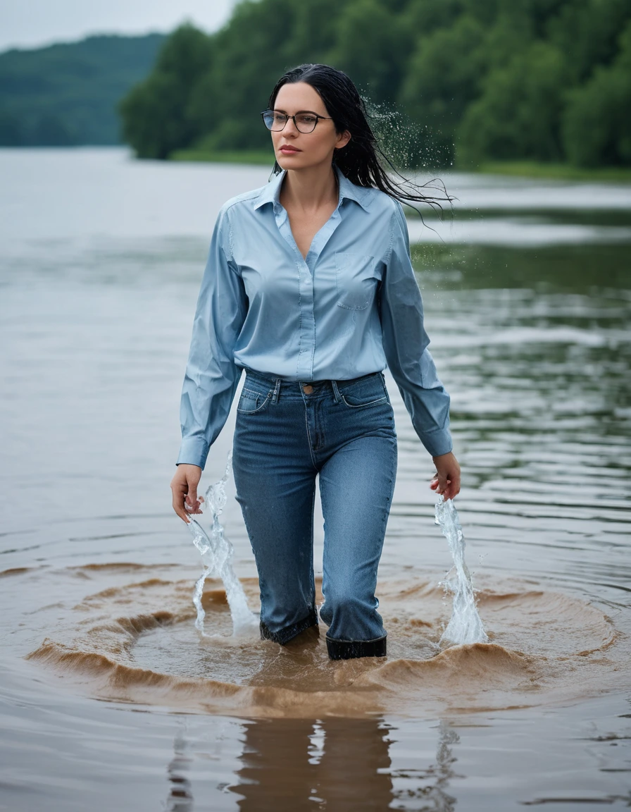 photo of young woman, in soaking wet, drenched clothes,
office shoes , long light blue jeans, light blue jeans shirt with long sleeves, walking in hard rain submerged in lake, 
enjoying, wet clothes stuck to body,
detailed textures of the wet clothes, wet face, wet plastered hair,
wet, drenched, professional, high-quality details, full body view.
sharp focus, ultra-high pixel detail, realistic, high-quality, full colors, incredibly detailed, 4k, 8k, 16k, hyper-realistic, RAW photo, masterpiece, ultra-detailed, professionally color graded, professional photograph, woman 51 years old, long black hair, very big and thick lips, office glasses, complete body, open mouth, dry skin, dry clothes, dry fabric, dry skin, dry clothes, dry fabric, dry skin, dry clothes, dry fabric, dry skin, dry clothes, dry fabric