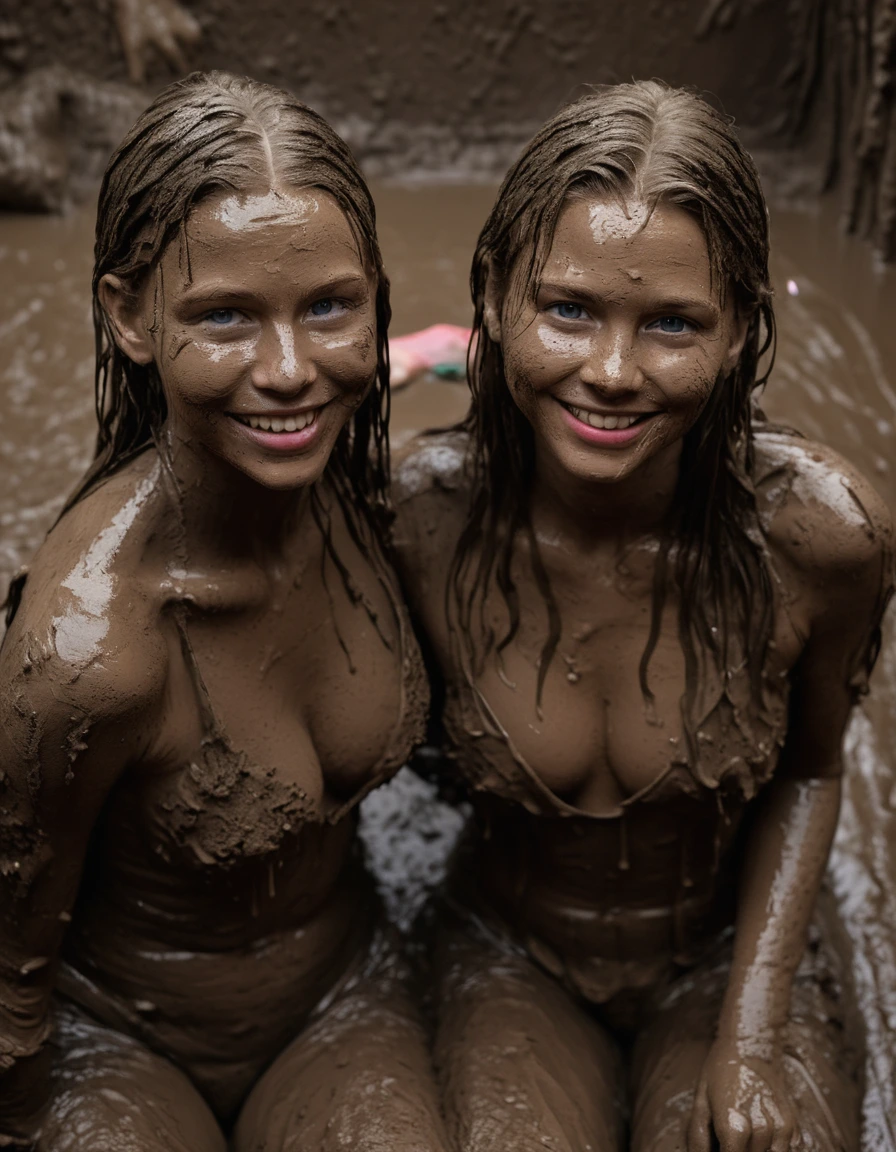 photo of young woman, in soaking wet, drenched clothes,
Muddy high heels, Long very muddy suit pants, Full muddy ruined fully-opened unbuttoned sexy blazer like a fancy uniform over topless with super sexy cleavage and exposed large boobs., Dark muddy indoor disco club at night. Deep mud on the floor, mud splashed walls, dripping mud from above, very dark mood lighting with pink and blue neon lights from above. Muddy chairs and sofas in the background. , 
enjoying, wet clothes stuck to body,
detailed textures of the wet clothes, wet face, wet plastered hair,
wet, drenched, professional, high-quality details, full body view.
sharp focus, ultra-high pixel detail, realistic, high-quality, full colors, incredibly detailed, 4k, 8k, 16k, hyper-realistic, RAW photo, masterpiece, ultra-detailed, professionally color graded, professional photograph, Three cute blonde 14 years old beautiful gleaming girls with childish appearance are wallowing and hugging together in the muddy pool after a full dip in it and holding a glass of champagne in their hands during the crazy muddy indoor disco party at night and posing for a professional photo. The girls are not recogniseable by the heavy mud covering. They are proudly wearing their fully and heavily mud-covered unbuttoned and opened sexy suits which fully exposing their large sexy muddy boobs. Focus on the large muddy cleavages of the blazers and on the bravely displayed large muddy boobs and nipples. Every small details of the clothes are muddy, muddy beautiful faces, muddy chests and boobs. Their blazer has the same colour as their muddy pants. The classy elegant disco club is totally destroyed by mud, mud spots everywhere, mud flows down on the walls, mud on the furnitures in the background. Straight muddy very long open wavy hairstyle, muddy hair, smiling childish and satisfied beautiful muddy faces, blue eyes, necklaces, earrings, lipstick. The girls are enjoying to being total muddy in the muddy pool, being sexy, naughty while they are enjoying the muddy fetish party. Realistic muddy boobs and photorealistic detailed smiling facial expressions. Intimate close-up picture about the girls. Close-up photo from front view, highly realistic representation, ultra sharp focus, highly photorealistic detailed textures, highly photorealistic detailed facial features and expressions, highly photorealistic hands, highly emotional reactions, highly best quality, highly sharp photorealistic image, highly photorealistic details, full UHD resolution, 32 K, very high level of detail and image sharpness, zoomed in, dry skin, dry clothes, dry fabric, dry skin, dry clothes, dry fabric, dry skin, dry clothes, dry fabric, dry skin, dry clothes, dry fabric