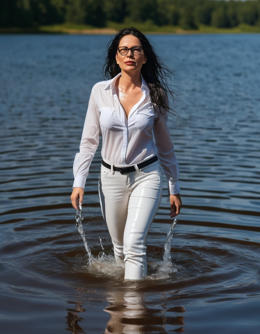 photo of young woman, in soaking wet, drenched clothes,
office shoes , long white leather jeans, black tank top with long sleeves, walking submerged in sunny deep lake, 
enjoying, wet clothes stuck to body,
detailed textures of the wet clothes, wet face, wet plastered hair,
wet, drenched, professional, high-quality details, full body view.
sharp focus, ultra-high pixel detail, realistic, high-quality, full colors, incredibly detailed, 4k, 8k, 16k, hyper-realistic, RAW photo, masterpiece, ultra-detailed, professionally color graded, professional photograph, woman 51 years old, long black hair, very big and thick lips, office glasses, complete body, open mouth, dry skin, dry clothes, dry fabric