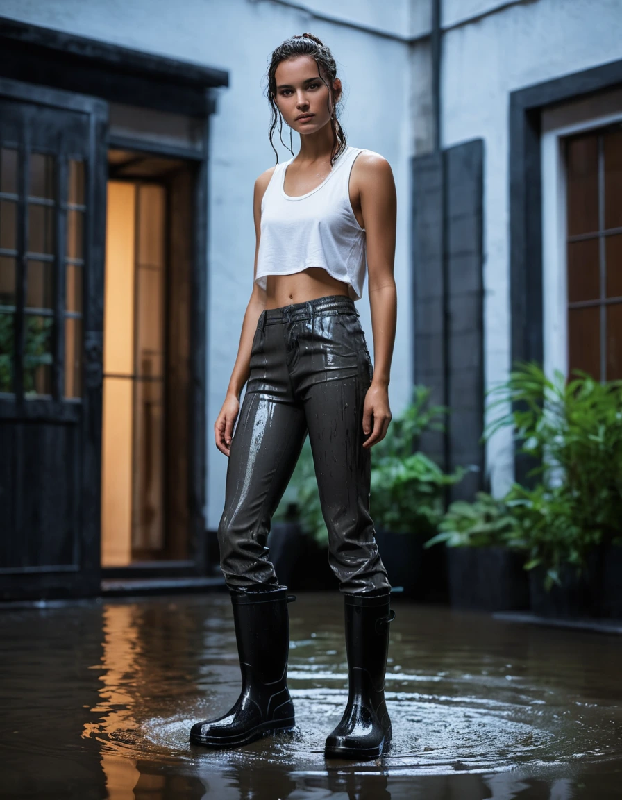 photo of young woman, in soaking wet, drenched clothes,
black rubber rain boots, sheer charcoal wet leggings, oversized white sleeveless cotton tank top, dimly lit apartment courtyard at night, 
enjoying, wet clothes stuck to body,
detailed textures of the wet clothes, wet face, wet plastered hair,
wet, drenched, professional, high-quality details, full body view.
sharp focus, ultra-high pixel detail, realistic, high-quality, full colors, incredibly detailed, 4k, 8k, 16k, hyper-realistic, RAW photo, masterpiece, ultra-detailed, professionally color graded, professional photograph, dripping wet clothing clinging to skin, heavy spray from overhead broken sprinkler, water droplets on skin, cinematic editorial lighting, high contrast, glossy highlights, 8k resolution, sharp focus, dry skin, dry clothes, dry fabric