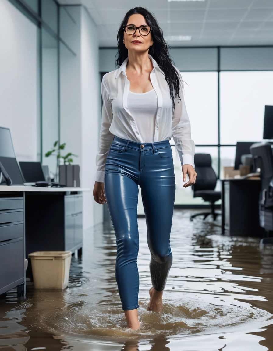 photo of young woman, in soaking wet, drenched clothes,
office shoes , long blue leather jeans, white leather jeans tank top with long sleeves, walking in flooded office, 
enjoying, wet clothes stuck to body,
detailed textures of the wet clothes, wet face, wet plastered hair,
wet, drenched, professional, high-quality details, full body view.
sharp focus, ultra-high pixel detail, realistic, high-quality, full colors, incredibly detailed, 4k, 8k, 16k, hyper-realistic, RAW photo, masterpiece, ultra-detailed, professionally color graded, professional photograph, woman 51 years old, long black hair, very big and thick lips, office glasses, complete body, open mouth, dry skin, dry clothes, dry fabric, dry skin, dry clothes, dry fabric