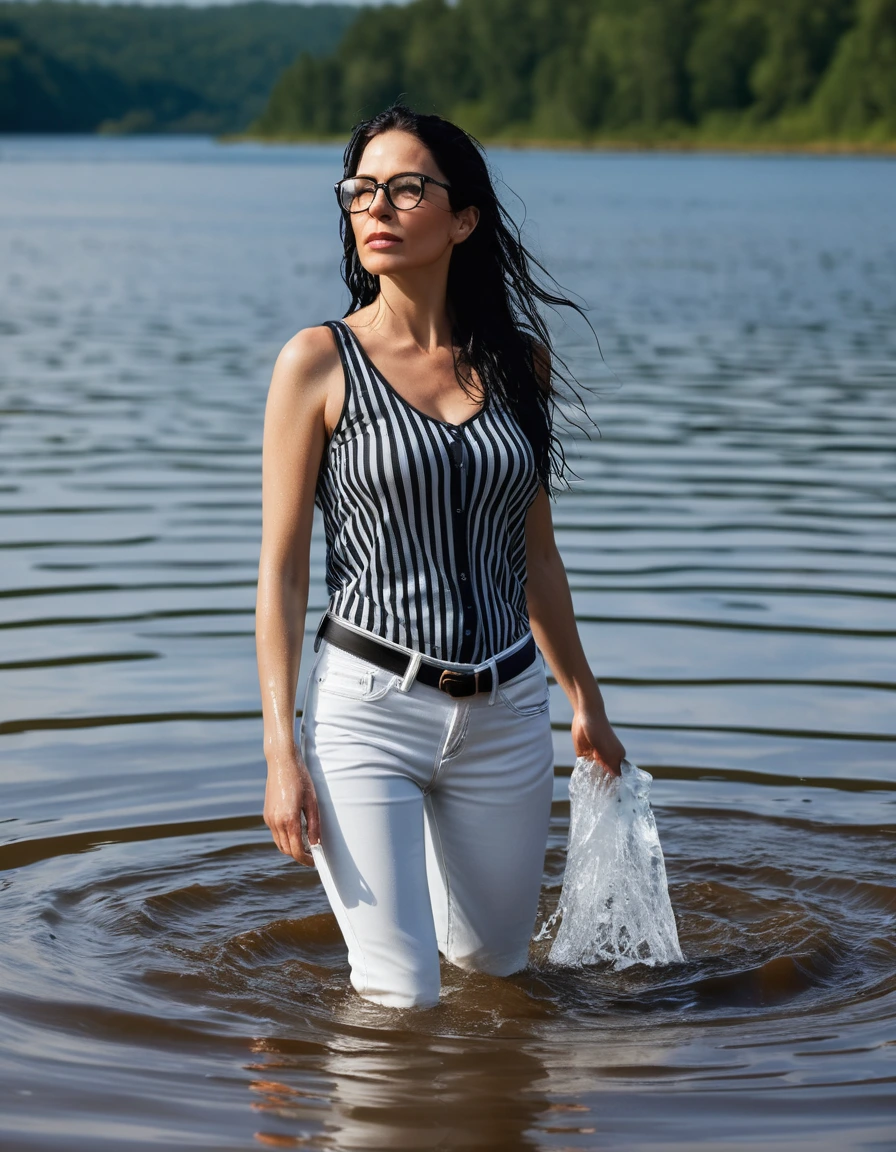 photo of young woman, in soaking wet, drenched clothes,
office shoes , long white leather jeans, black striped tank top, walking submerged in sunny deep lake, 
enjoying, wet clothes stuck to body,
detailed textures of the wet clothes, wet face, wet plastered hair,
wet, drenched, professional, high-quality details, full body view.
sharp focus, ultra-high pixel detail, realistic, high-quality, full colors, incredibly detailed, 4k, 8k, 16k, hyper-realistic, RAW photo, masterpiece, ultra-detailed, professionally color graded, professional photograph, woman 51 years old, long black hair, very big and thick lips, office glasses, complete body, open mouth, dry skin, dry clothes, dry fabric, dry skin, dry clothes, dry fabric, dry skin, dry clothes, dry fabric