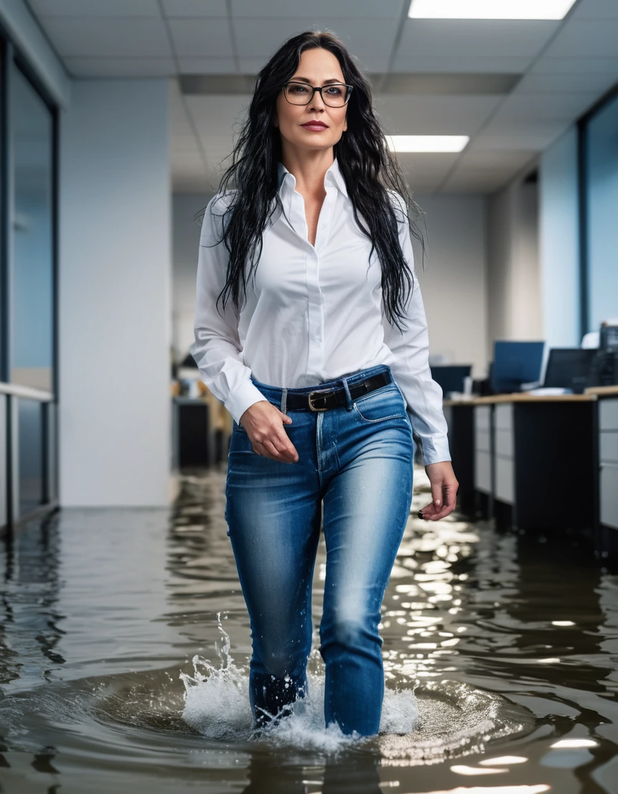 photo of young woman, in soaking wet, drenched clothes,
office shoes , long blue leather jeans, white leather jeans tank top with long sleeves, walking in flooded office, 
enjoying, wet clothes stuck to body,
detailed textures of the wet clothes, wet face, wet plastered hair,
wet, drenched, professional, high-quality details, full body view.
sharp focus, ultra-high pixel detail, realistic, high-quality, full colors, incredibly detailed, 4k, 8k, 16k, hyper-realistic, RAW photo, masterpiece, ultra-detailed, professionally color graded, professional photograph, woman 51 years old, long black hair, very big and thick lips, office glasses, complete body, open mouth, dry skin, dry clothes, dry fabric, dry skin, dry clothes, dry fabric