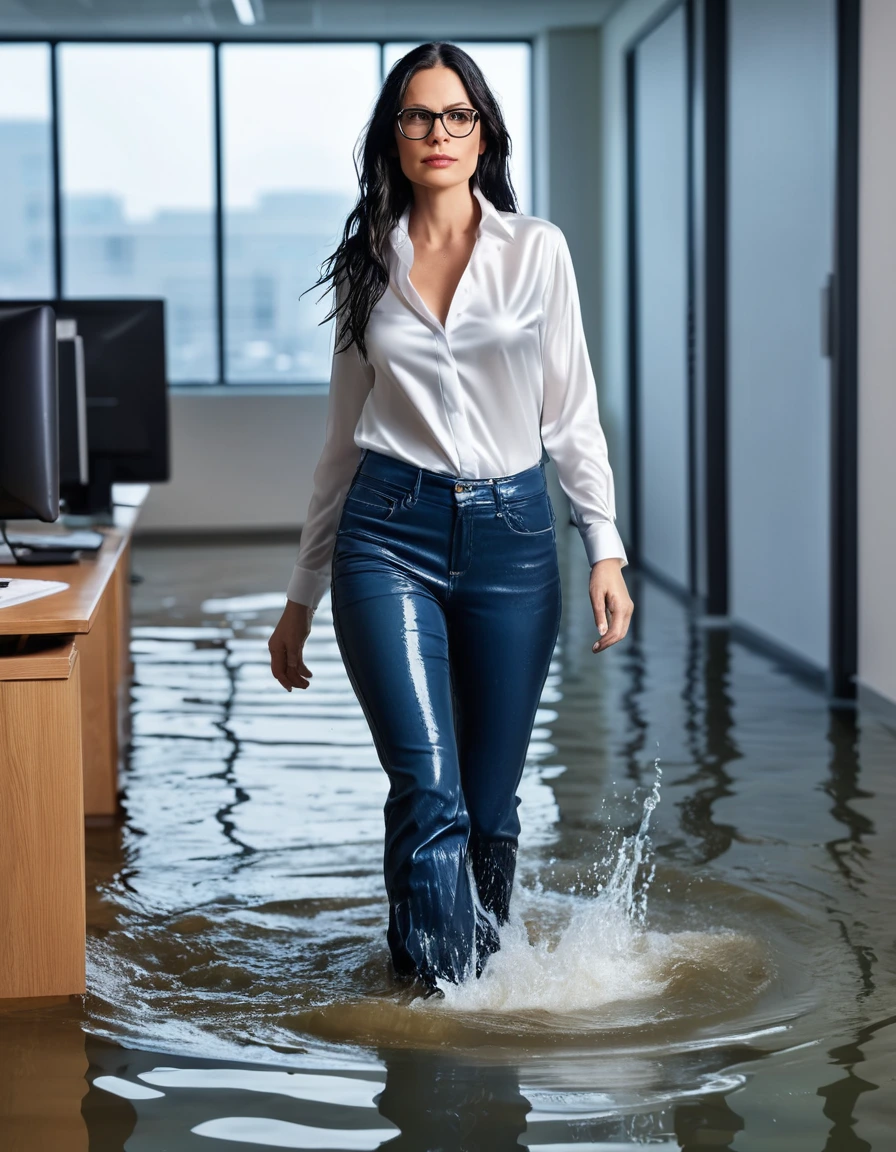 photo of young woman, in soaking wet, drenched clothes,
office shoes , long blUE leather jeans, white silk satin shirt with long sleeves, walking submerged in flooded office, 
enjoying, wet clothes stuck to body,
detailed textures of the wet clothes, wet face, wet plastered hair,
wet, drenched, professional, high-quality details, full body view.
sharp focus, ultra-high pixel detail, realistic, high-quality, full colors, incredibly detailed, 4k, 8k, 16k, hyper-realistic, RAW photo, masterpiece, ultra-detailed, professionally color graded, professional photograph, woman 51 years old, long black hair, very big and thick lips, office glasses, complete body, dry skin, dry clothes, dry fabric