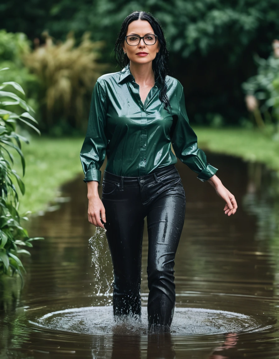 photo of young woman, in soaking wet, drenched clothes,
office shoes , long black leather jeans, dark green satin shirt with long sleeves, walking submerged in flooded garden, 
enjoying, wet clothes stuck to body,
detailed textures of the wet clothes, wet face, wet plastered hair,
wet, drenched, professional, high-quality details, full body view.
sharp focus, ultra-high pixel detail, realistic, high-quality, full colors, incredibly detailed, 4k, 8k, 16k, hyper-realistic, RAW photo, masterpiece, ultra-detailed, professionally color graded, professional photograph, woman 51 years old, long black hair, very big and thick lips, office glasses, complete body, open mouth, dry skin, dry clothes, dry fabric, dry skin, dry clothes, dry fabric, dry skin, dry clothes, dry fabric, dry skin, dry clothes, dry fabric