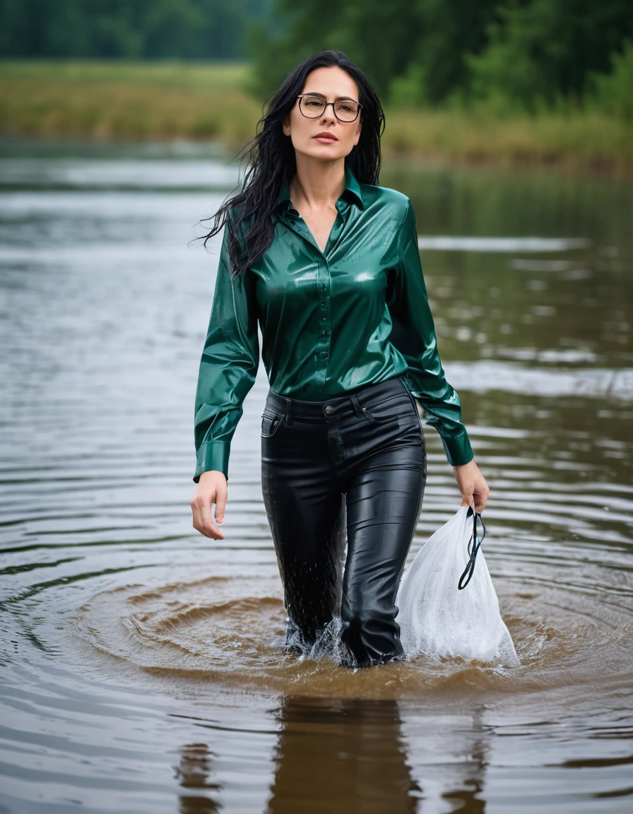 photo of young woman, in soaking wet, drenched clothes,
office shoes , long black leather jeans, dark green satin shirt with long sleeves, walking under hard rain submerged in sunny deep lake, 
enjoying, wet clothes stuck to body,
detailed textures of the wet clothes, wet face, wet plastered hair,
wet, drenched, professional, high-quality details, full body view.
sharp focus, ultra-high pixel detail, realistic, high-quality, full colors, incredibly detailed, 4k, 8k, 16k, hyper-realistic, RAW photo, masterpiece, ultra-detailed, professionally color graded, professional photograph, woman 51 years old, long black hair, very big and thick lips, office glasses, complete body, open mouth, dry skin, dry clothes, dry fabric, dry skin, dry clothes, dry fabric, dry skin, dry clothes, dry fabric, dry skin, dry clothes, dry fabric