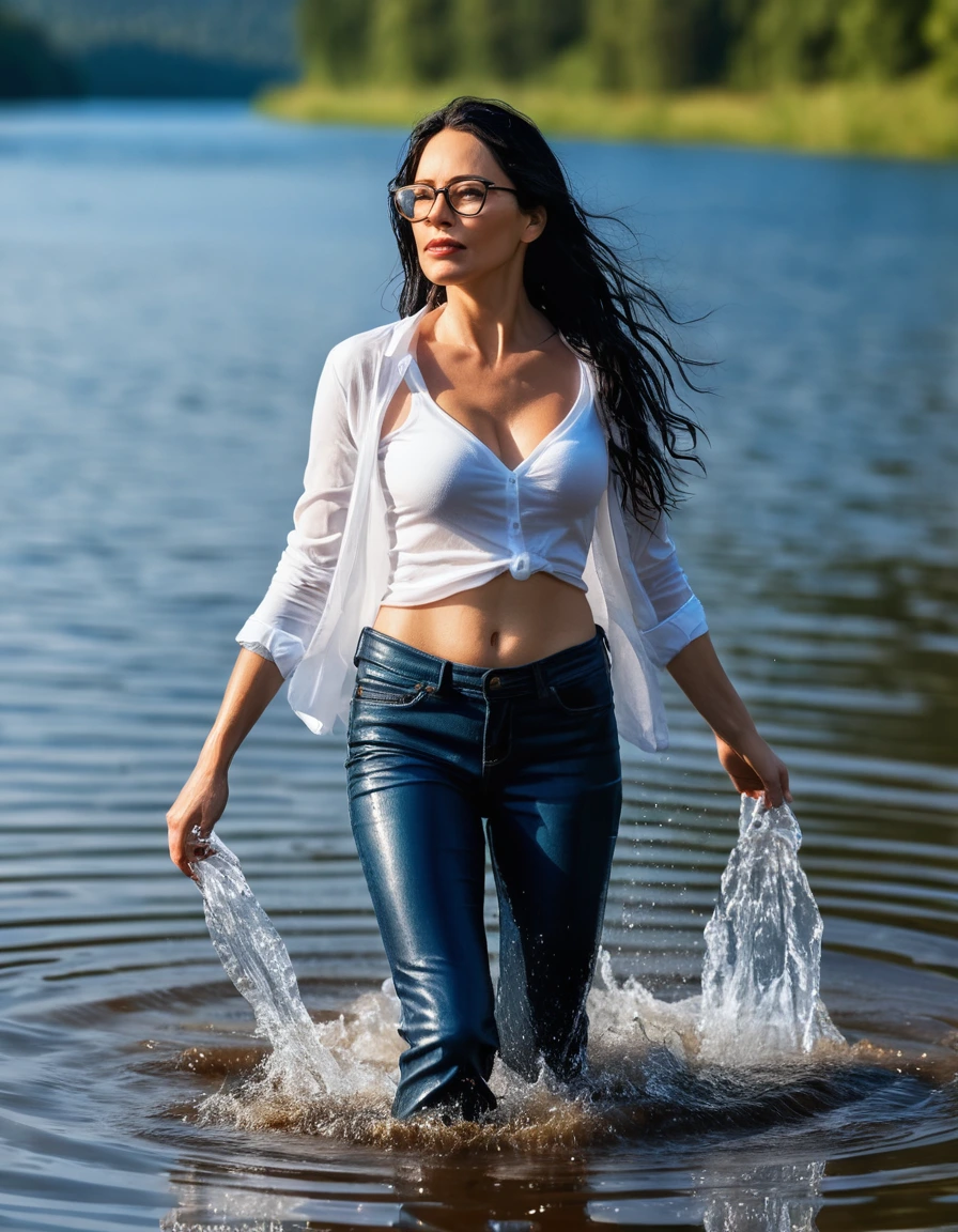 photo of young woman, in soaking wet, drenched clothes,
office shoes , long blue leather jeans, white tank top with long sleeves, walking submerged in sunny deep lake, 
enjoying, wet clothes stuck to body,
detailed textures of the wet clothes, wet face, wet plastered hair,
wet, drenched, professional, high-quality details, full body view.
sharp focus, ultra-high pixel detail, realistic, high-quality, full colors, incredibly detailed, 4k, 8k, 16k, hyper-realistic, RAW photo, masterpiece, ultra-detailed, professionally color graded, professional photograph, woman 51 years old, long black hair, very big and thick lips, office glasses, complete body, open mouth, dry skin, dry clothes, dry fabric, dry skin, dry clothes, dry fabric