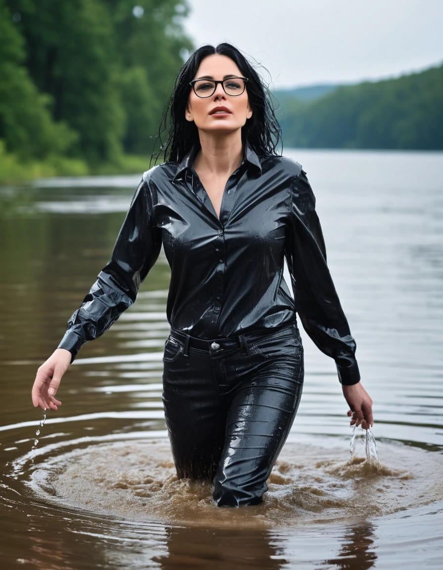 photo of young woman, in soaking wet, drenched clothes,
office shoes , long black leather jeans, black satin shirt with long sleeves, walking under hard rain submerged in sunny deep lake, 
enjoying, wet clothes stuck to body,
detailed textures of the wet clothes, wet face, wet plastered hair,
wet, drenched, professional, high-quality details, full body view.
sharp focus, ultra-high pixel detail, realistic, high-quality, full colors, incredibly detailed, 4k, 8k, 16k, hyper-realistic, RAW photo, masterpiece, ultra-detailed, professionally color graded, professional photograph, woman 51 years old, long black hair, very big and thick lips, office glasses, complete body, open mouth, dry skin, dry clothes, dry fabric, dry skin, dry clothes, dry fabric, dry skin, dry clothes, dry fabric, dry skin, dry clothes, dry fabric