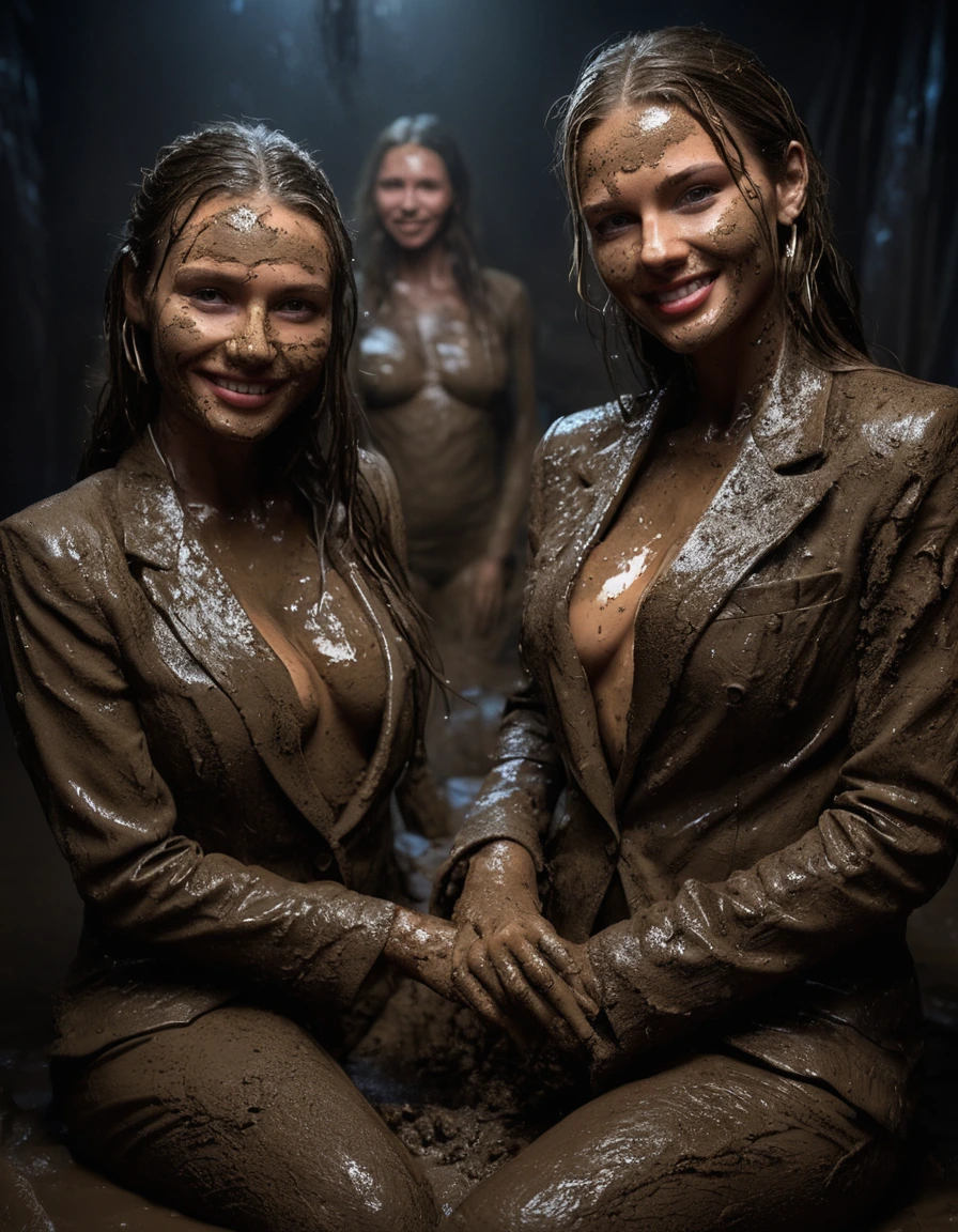 photo of young woman, in soaking wet, drenched clothes,
Muddy high heels, Long very muddy suit pants, Full muddy ruined fully-opened unbuttoned sexy blazer like a fancy uniform over topless with super sexy cleavage and exposed large boobs., Dark muddy indoor disco club at night. Deep mud on the floor, mud splashed walls, dripping mud from above, very dark mood lighting with pink and blue neon lights from above. Muddy chairs and sofas in the background. , 
enjoying, wet clothes stuck to body,
detailed textures of the wet clothes, wet face, wet plastered hair,
wet, drenched, professional, high-quality details, full body view.
sharp focus, ultra-high pixel detail, realistic, high-quality, full colors, incredibly detailed, 4k, 8k, 16k, hyper-realistic, RAW photo, masterpiece, ultra-detailed, professionally color graded, professional photograph, Three cute blonde 14 years old beautiful gleaming girls with childish appearance are wallowing together in the deep muddy pool after a full dip in it and holding a glass of champagne in their hands during the crazy muddy indoor disco party at night and posing for a professional photo. They are proudly wearing their fully and heavily mud-covered unbuttoned and opened sexy suits which fully exposing their large sexy muddy boobs. Focus on the large muddy cleavages of the blazers and on the bravely displayed large muddy boobs and nipples. Every small details of the clothes are muddy, muddy beautiful faces, muddy chests and boobs. Their blazer has the same colour as their muddy pants. The classy elegant disco club is totally destroyed by mud, mud spots everywhere, mud flows down on the walls, mud on the furnitures in the background. Straight muddy very long open wavy hairstyle, muddy hair, smiling childish and satisfied beautiful muddy faces, blue eyes, necklaces, earrings, lipstick. The girls are enjoying to being total muddy in the muddy pool, being sexy, naughty while they are enjoying the muddy fetish party. Realistic muddy boobs and photorealistic detailed smiling facial expressions. Intimate close-up picture about the girls. Close-up photo from front view, highly realistic representation, ultra sharp focus, highly photorealistic detailed textures, highly photorealistic detailed facial features and expressions, highly photorealistic hands, highly emotional reactions, highly best quality, highly sharp photorealistic image, highly photorealistic details, full UHD resolution, 32 K, very high level of detail and image sharpness, zoomed in, dry skin, dry clothes, dry fabric, dry skin, dry clothes, dry fabric, dry skin, dry clothes, dry fabric, dry skin, dry clothes, dry fabric, dry skin, dry clothes, dry fabric