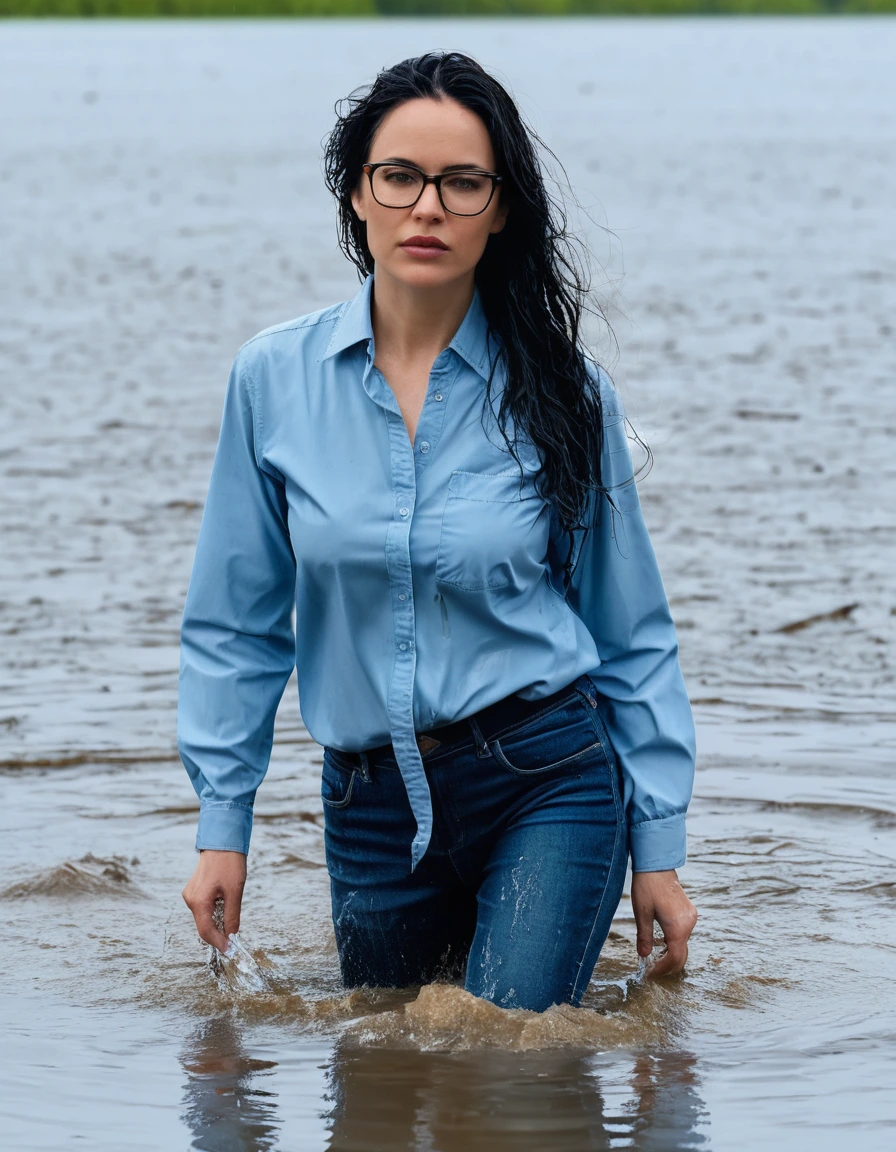 photo of young woman, in soaking wet, drenched clothes,
office shoes , long light blue jeans, light blue jeans shirt with long sleeves, walking in hard rain complete submerged in lake, 
enjoying, wet clothes stuck to body,
detailed textures of the wet clothes, wet face, wet plastered hair,
wet, drenched, professional, high-quality details, full body view.
sharp focus, ultra-high pixel detail, realistic, high-quality, full colors, incredibly detailed, 4k, 8k, 16k, hyper-realistic, RAW photo, masterpiece, ultra-detailed, professionally color graded, professional photograph, woman 51 years old, long black hair, very big and thick lips, office glasses, complete body, open mouth, dry skin, dry clothes, dry fabric, dry skin, dry clothes, dry fabric, dry skin, dry clothes, dry fabric, dry skin, dry clothes, dry fabric, dry skin, dry clothes, dry fabric