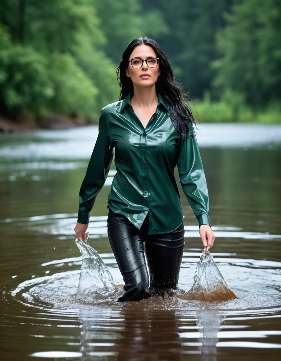 photo of young woman, in soaking wet, drenched clothes,
office shoes , long black leather jeans, dark green satin shirt with long sleeves, walking under hard rain submerged in sunny deep lake, 
enjoying, wet clothes stuck to body,
detailed textures of the wet clothes, wet face, wet plastered hair,
wet, drenched, professional, high-quality details, full body view.
sharp focus, ultra-high pixel detail, realistic, high-quality, full colors, incredibly detailed, 4k, 8k, 16k, hyper-realistic, RAW photo, masterpiece, ultra-detailed, professionally color graded, professional photograph, woman 51 years old, long black hair, very big and thick lips, office glasses, complete body, open mouth, dry skin, dry clothes, dry fabric, dry skin, dry clothes, dry fabric, dry skin, dry clothes, dry fabric, dry skin, dry clothes, dry fabric
