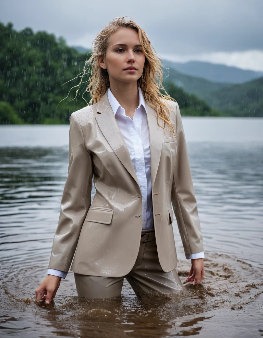 photo of young woman, in soaking wet, drenched clothes,
Beige Long Business Trouser, Beige Business Suit Jacket with white button down business shirt longsleeve, Clear Mountain lake with heavy rain, 
enjoying, wet clothes stuck to body,
detailed textures of the wet clothes, wet face, wet plastered hair,
wet, drenched, professional, high-quality details, full body view.
sharp focus, ultra-high pixel detail, realistic, high-quality, full colors, incredibly detailed, 4k, 8k, 16k, hyper-realistic, RAW photo, masterpiece, ultra-detailed, professionally color graded, professional photograph, young elegant beautiful white Blonde women, breast deep submerged, under a big rainshower, fully clothed, completely soaked, fully drenched, completely wet, wetlook, heavy rain, side parting, long hair, rain storm, looks confidently into camera, dry skin, dry clothes, dry fabric
