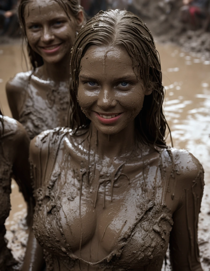 photo of young woman, in soaking wet, drenched clothes,
Muddy high heels, Long very muddy suit pants, Full muddy ruined fully-opened unbuttoned sexy blazer like a fancy uniform over topless with super sexy cleavage and exposed large boobs., Dark muddy indoor disco club at night with a deep mud-filled pool. Deep mud on the floor, mud splashed walls, dripping mud from above, very dark mood lighting with pink and blue neon lights from above. Muddy chairs and sofas in the background. , 
enjoying, wet clothes stuck to body,
detailed textures of the wet clothes, wet face, wet plastered hair,
wet, drenched, professional, high-quality details, full body view.
sharp focus, ultra-high pixel detail, realistic, high-quality, full colors, incredibly detailed, 4k, 8k, 16k, hyper-realistic, RAW photo, masterpiece, ultra-detailed, professionally color graded, professional photograph, Three cute blonde 14 years old beautiful gleaming girls with childish appearance are wallowing together in the deep muddy pool after a full dip in it and holding a glass of champagne in their hands during the crazy muddy indoor disco party at night and posing for a professional photo. They are proudly wearing their fully and heavily mud-covered unbuttoned and opened sexy suits which fully exposing their large sexy muddy boobs. Focus on the large muddy cleavages of the blazers and on the bravely displayed large muddy boobs and nipples. Every small details of the clothes are muddy, muddy beautiful faces, muddy chests and boobs. Their blazer has the same colour as their muddy pants. The classy elegant disco club is totally destroyed by mud, mud spots everywhere, mud flows down on the walls, mud on the furnitures in the background. Straight muddy very long open wavy hairstyle, muddy hair, smiling childish and satisfied beautiful muddy faces, blue eyes, necklaces, earrings, lipstick. The girls are enjoying to being total dirty in the muddy pool, being sexy, naughty while they are enjoying the muddy fetish party. Realistic muddy boobs and photorealistic detailed smiling facial expressions. Intimate close-up picture about the girls. Close-up photo from front view, highly realistic representation, ultra sharp focus, highly photorealistic detailed textures, highly photorealistic detailed facial features and expressions, highly photorealistic hands, highly emotional reactions, highly best quality, highly sharp photorealistic image, highly photorealistic details, full UHD resolution, 32 K, very high level of detail and image sharpness, zoomed in, dry skin, dry clothes, dry fabric, dry skin, dry clothes, dry fabric, dry skin, dry clothes, dry fabric, dry skin, dry clothes, dry fabric, dry skin, dry clothes, dry fabric