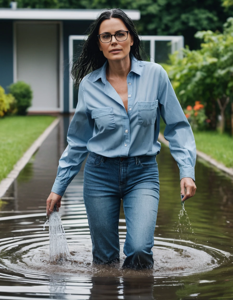 photo of young woman, in soaking wet, drenched clothes,
office shoes , long light blue jeans, light blue jeans shirt with long sleeves, walking submerged in flooded garden, 
enjoying, wet clothes stuck to body,
detailed textures of the wet clothes, wet face, wet plastered hair,
wet, drenched, professional, high-quality details, full body view.
sharp focus, ultra-high pixel detail, realistic, high-quality, full colors, incredibly detailed, 4k, 8k, 16k, hyper-realistic, RAW photo, masterpiece, ultra-detailed, professionally color graded, professional photograph, woman 51 years old, long black hair, very big and thick lips, office glasses, complete body, open mouth, dry skin, dry clothes, dry fabric, dry skin, dry clothes, dry fabric, dry skin, dry clothes, dry fabric, dry skin, dry clothes, dry fabric