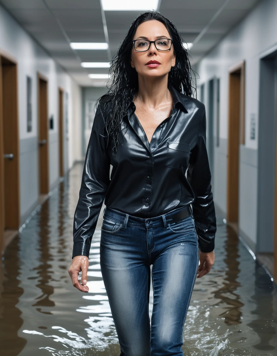 photo of young woman, in soaking wet, drenched clothes,
office shoes , long blue leather jeans, black leather jeans tank top with long sleeves, walking in flooded office, 
enjoying, wet clothes stuck to body,
detailed textures of the wet clothes, wet face, wet plastered hair,
wet, drenched, professional, high-quality details, full body view.
sharp focus, ultra-high pixel detail, realistic, high-quality, full colors, incredibly detailed, 4k, 8k, 16k, hyper-realistic, RAW photo, masterpiece, ultra-detailed, professionally color graded, professional photograph, woman 51 years old, long black hair, very big and thick lips, office glasses, complete body, open mouth, dry skin, dry clothes, dry fabric, dry skin, dry clothes, dry fabric