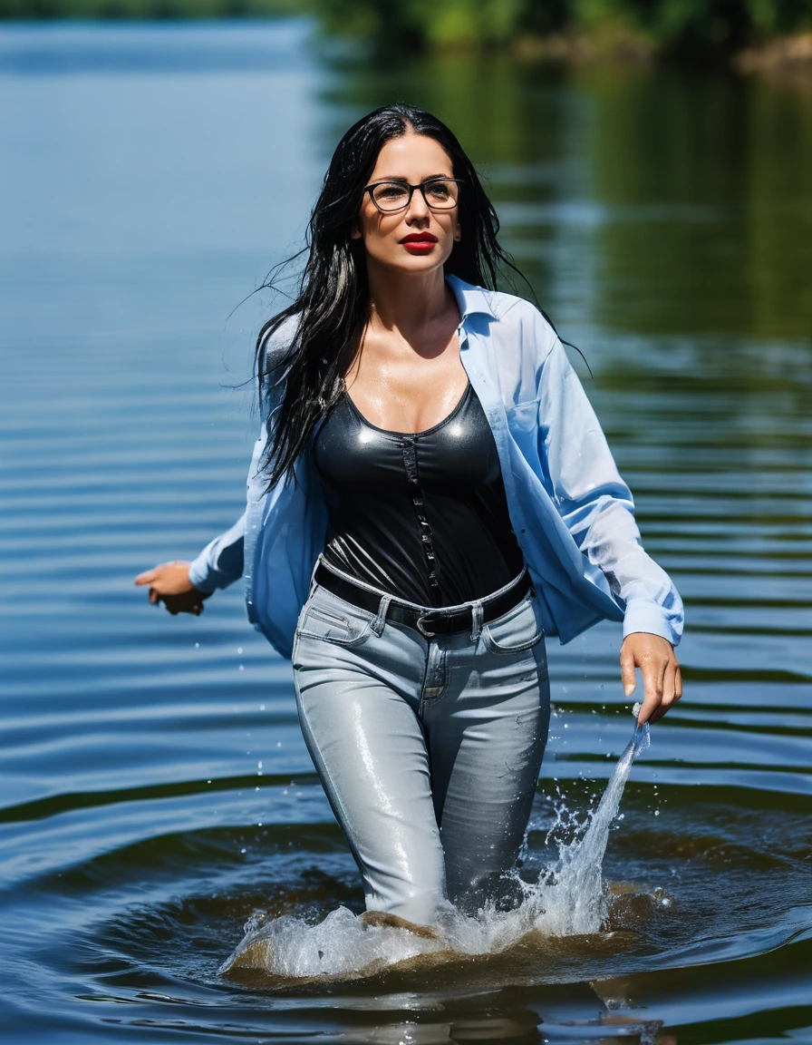 photo of young woman, in soaking wet, drenched clothes,
office shoes , long light blue leather jeans, black & white tank top with long sleeves, walking submerged in sunny deep lake, 
enjoying, wet clothes stuck to body,
detailed textures of the wet clothes, wet face, wet plastered hair,
wet, drenched, professional, high-quality details, full body view.
sharp focus, ultra-high pixel detail, realistic, high-quality, full colors, incredibly detailed, 4k, 8k, 16k, hyper-realistic, RAW photo, masterpiece, ultra-detailed, professionally color graded, professional photograph, woman 51 years old, long black hair, very big and thick lips, office glasses, complete body, open mouth, dry skin, dry clothes, dry fabric