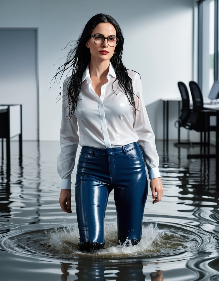 photo of young woman, in soaking wet, drenched clothes,
office shoes , long blUE tight leather jeans, white silk satin shirt with long sleeves, walking submerged in flooded office, 
enjoying, wet clothes stuck to body,
detailed textures of the wet clothes, wet face, wet plastered hair,
wet, drenched, professional, high-quality details, full body view.
sharp focus, ultra-high pixel detail, realistic, high-quality, full colors, incredibly detailed, 4k, 8k, 16k, hyper-realistic, RAW photo, masterpiece, ultra-detailed, professionally color graded, professional photograph, woman 51 years old, long black hair, very big and thick lips, office glasses, complete body, dry skin, dry clothes, dry fabric