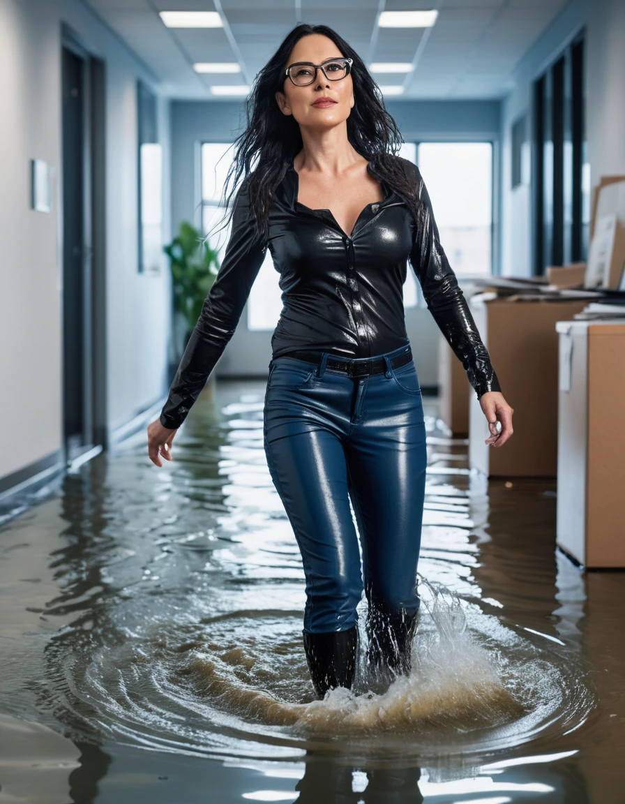 photo of young woman, in soaking wet, drenched clothes,
office shoes , long blue leather jeans, black leather jeans tank top with long sleeves, walking in flooded office, 
enjoying, wet clothes stuck to body,
detailed textures of the wet clothes, wet face, wet plastered hair,
wet, drenched, professional, high-quality details, full body view.
sharp focus, ultra-high pixel detail, realistic, high-quality, full colors, incredibly detailed, 4k, 8k, 16k, hyper-realistic, RAW photo, masterpiece, ultra-detailed, professionally color graded, professional photograph, woman 51 years old, long black hair, very big and thick lips, office glasses, complete body, open mouth, dry skin, dry clothes, dry fabric, dry skin, dry clothes, dry fabric