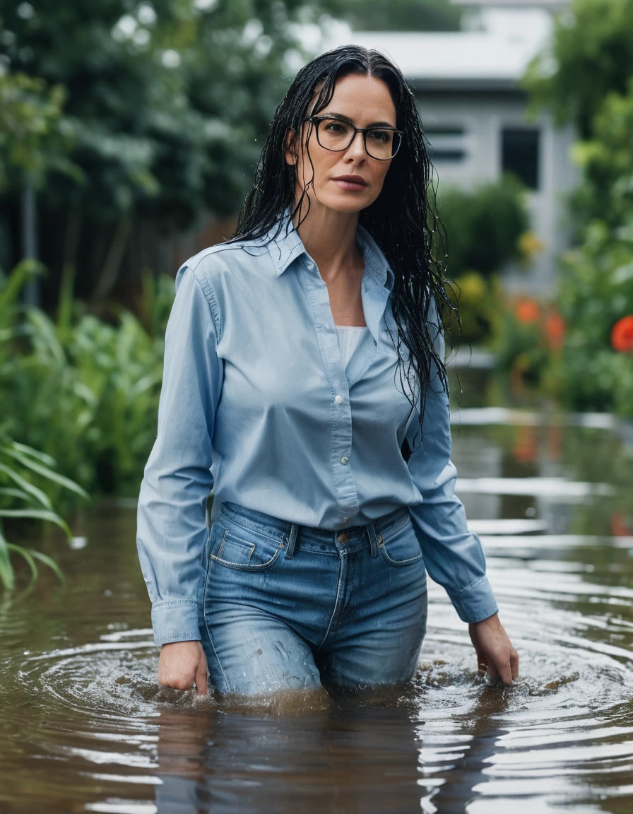photo of young woman, in soaking wet, drenched clothes,
office shoes , long light blue jeans, light blue jeans shirt with long sleeves, walking submerged in flooded garden, 
enjoying, wet clothes stuck to body,
detailed textures of the wet clothes, wet face, wet plastered hair,
wet, drenched, professional, high-quality details, full body view.
sharp focus, ultra-high pixel detail, realistic, high-quality, full colors, incredibly detailed, 4k, 8k, 16k, hyper-realistic, RAW photo, masterpiece, ultra-detailed, professionally color graded, professional photograph, woman 51 years old, long black hair, very big and thick lips, office glasses, complete body, open mouth, dry skin, dry clothes, dry fabric, dry skin, dry clothes, dry fabric, dry skin, dry clothes, dry fabric, dry skin, dry clothes, dry fabric, dry skin, dry clothes, dry fabric