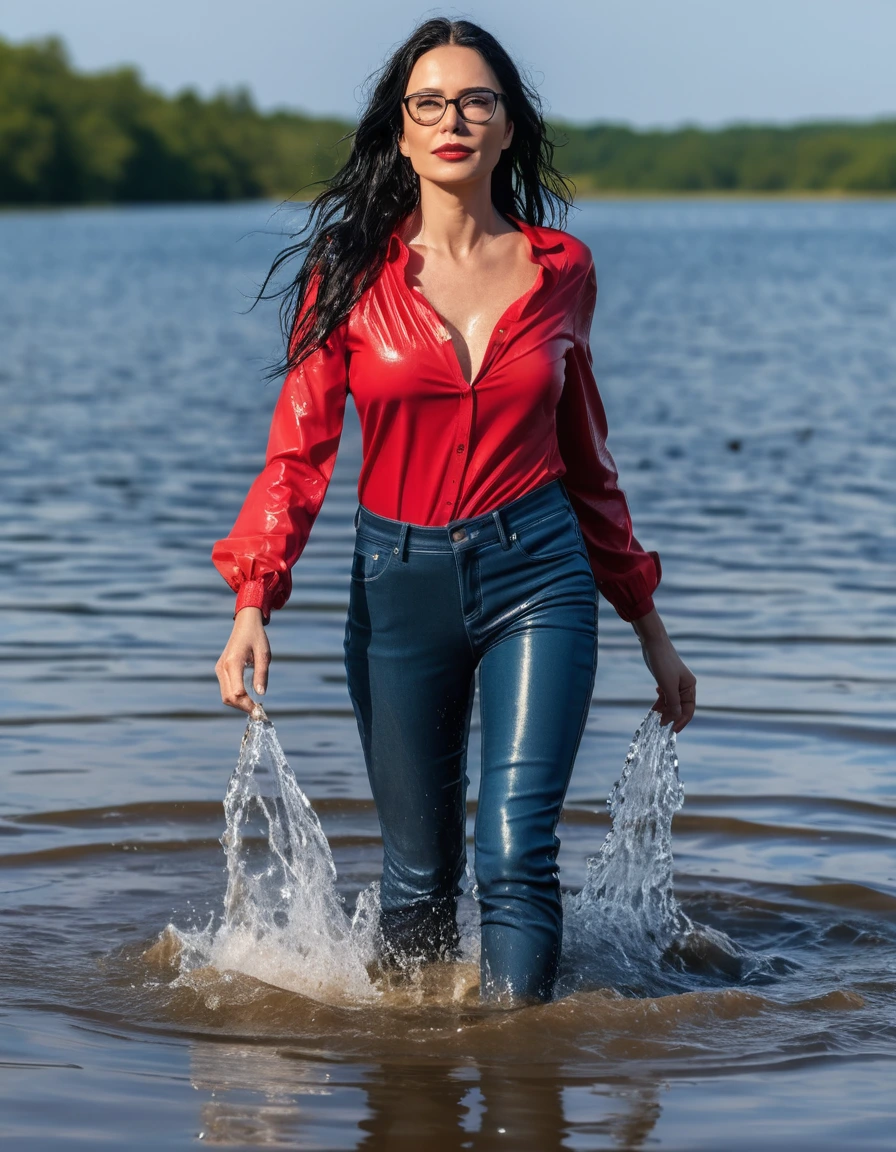 photo of young woman, in soaking wet, drenched clothes,
office shoes , long blue leather jeans, red tank top with long sleeves, walking submerged in sunny deep lake, 
enjoying, wet clothes stuck to body,
detailed textures of the wet clothes, wet face, wet plastered hair,
wet, drenched, professional, high-quality details, full body view.
sharp focus, ultra-high pixel detail, realistic, high-quality, full colors, incredibly detailed, 4k, 8k, 16k, hyper-realistic, RAW photo, masterpiece, ultra-detailed, professionally color graded, professional photograph, woman 51 years old, long black hair, very big and thick lips, office glasses, complete body, open mouth, dry skin, dry clothes, dry fabric, dry skin, dry clothes, dry fabric