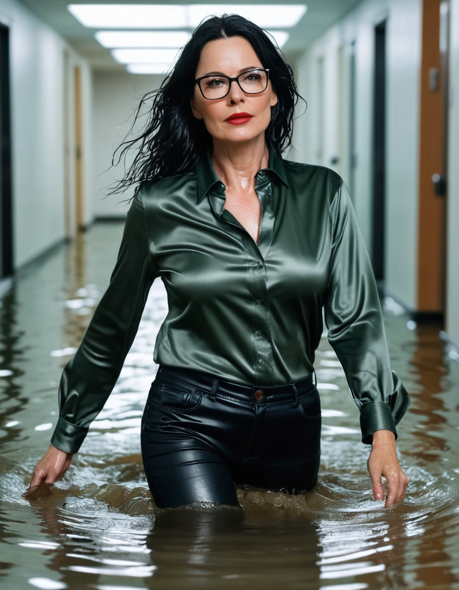 photo of young woman, in soaking wet, drenched clothes,
office shoes , long black leather jeans, dark green satin shirt with long sleeves, walking submerged in flooded office, 
enjoying, wet clothes stuck to body,
detailed textures of the wet clothes, wet face, wet plastered hair,
wet, drenched, professional, high-quality details, full body view.
sharp focus, ultra-high pixel detail, realistic, high-quality, full colors, incredibly detailed, 4k, 8k, 16k, hyper-realistic, RAW photo, masterpiece, ultra-detailed, professionally color graded, professional photograph, woman 51 years old, long black hair, very big and thick lips, office glasses, complete body, open mouth, dry skin, dry clothes, dry fabric, dry skin, dry clothes, dry fabric, dry skin, dry clothes, dry fabric, dry skin, dry clothes, dry fabric