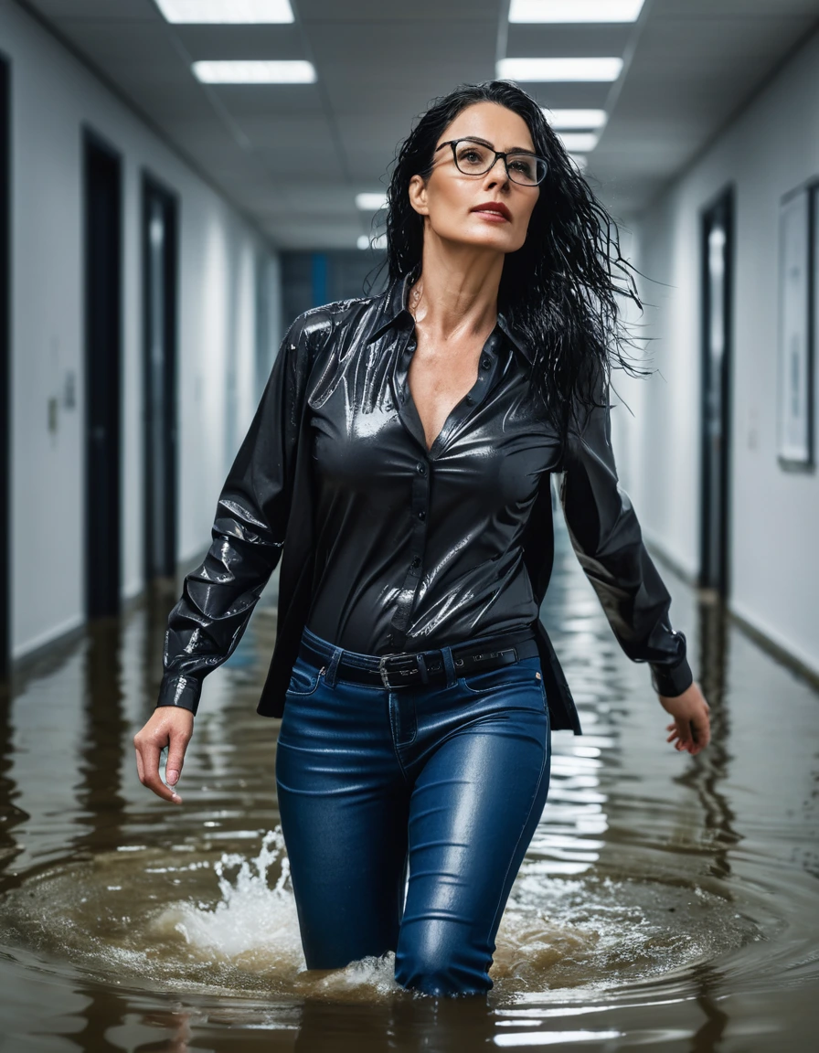 photo of young woman, in soaking wet, drenched clothes,
office shoes , long blue leather jeans, black leather jeans tank top with long sleeves, walking in flooded office, 
enjoying, wet clothes stuck to body,
detailed textures of the wet clothes, wet face, wet plastered hair,
wet, drenched, professional, high-quality details, full body view.
sharp focus, ultra-high pixel detail, realistic, high-quality, full colors, incredibly detailed, 4k, 8k, 16k, hyper-realistic, RAW photo, masterpiece, ultra-detailed, professionally color graded, professional photograph, woman 51 years old, long black hair, very big and thick lips, office glasses, complete body, open mouth, dry skin, dry clothes, dry fabric, dry skin, dry clothes, dry fabric