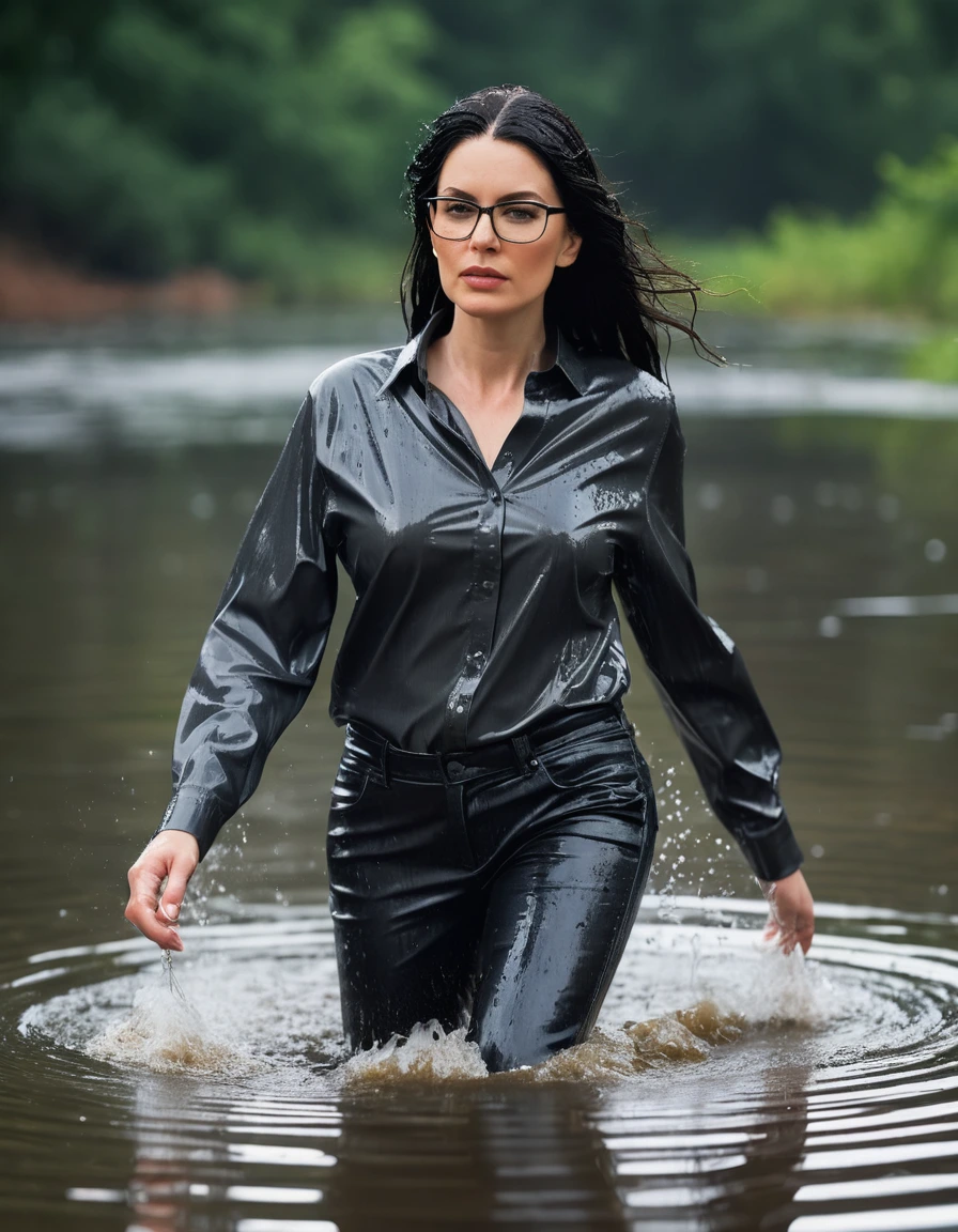 photo of young woman, in soaking wet, drenched clothes,
office shoes , long black leather jeans, black satin shirt with long sleeves, walking under hard rain submerged in sunny deep lake, 
enjoying, wet clothes stuck to body,
detailed textures of the wet clothes, wet face, wet plastered hair,
wet, drenched, professional, high-quality details, full body view.
sharp focus, ultra-high pixel detail, realistic, high-quality, full colors, incredibly detailed, 4k, 8k, 16k, hyper-realistic, RAW photo, masterpiece, ultra-detailed, professionally color graded, professional photograph, woman 51 years old, long black hair, very big and thick lips, office glasses, complete body, open mouth, dry skin, dry clothes, dry fabric, dry skin, dry clothes, dry fabric, dry skin, dry clothes, dry fabric, dry skin, dry clothes, dry fabric
