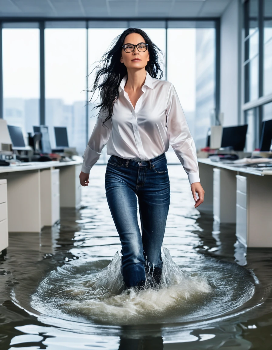 photo of young woman, in soaking wet, drenched clothes,
office shoes , long blUE jeans, white silk satin shirt with long sleeves, walking submerged in flooded office, 
enjoying, wet clothes stuck to body,
detailed textures of the wet clothes, wet face, wet plastered hair,
wet, drenched, professional, high-quality details, full body view.
sharp focus, ultra-high pixel detail, realistic, high-quality, full colors, incredibly detailed, 4k, 8k, 16k, hyper-realistic, RAW photo, masterpiece, ultra-detailed, professionally color graded, professional photograph, woman 51 years old, long black hair, very big and thick lips, office glasses, complete body, open mouth, dry skin, dry clothes, dry fabric, dry skin, dry clothes, dry fabric, dry skin, dry clothes, dry fabric, dry skin, dry clothes, dry fabric, dry skin, dry clothes, dry fabric, dry skin, dry clothes, dry fabric