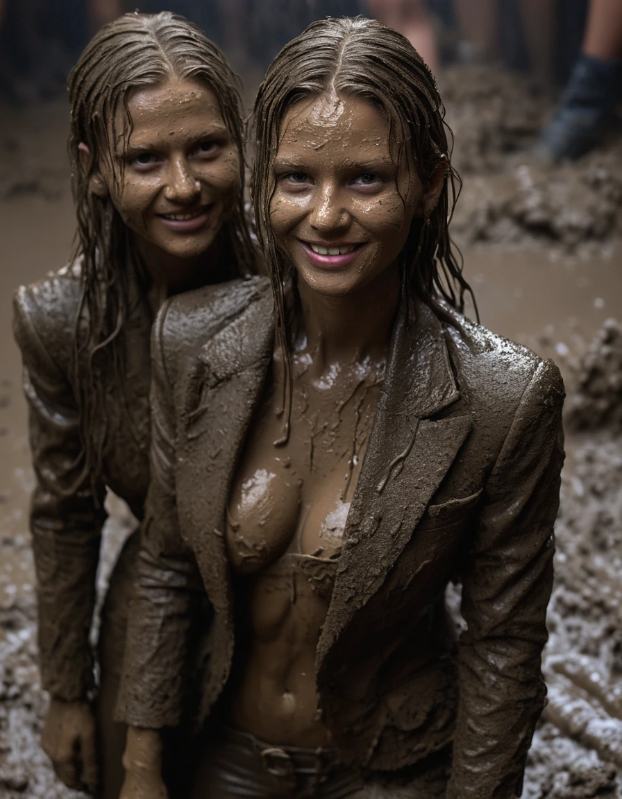 photo of young woman, in soaking wet, drenched clothes,
Muddy high heels, Long very muddy suit pants, Full muddy ruined fully-opened unbuttoned sexy blazer like a fancy uniform over topless with super sexy cleavage and exposed large boobs., Dark muddy indoor disco club at night. Deep mud on the floor, mud splashed walls, dripping mud from above, very dark mood lighting with pink and blue neon lights from above. Muddy chairs and sofas in the background. , 
enjoying, wet clothes stuck to body,
detailed textures of the wet clothes, wet face, wet plastered hair,
wet, drenched, professional, high-quality details, full body view.
sharp focus, ultra-high pixel detail, realistic, high-quality, full colors, incredibly detailed, 4k, 8k, 16k, hyper-realistic, RAW photo, masterpiece, ultra-detailed, professionally color graded, professional photograph, Three cute blonde 14 years old beautiful gleaming exhibitionist girls with childish appearance are wallowing together in the deep muddy pool after a full dip in it and holding a glass of champagne in their hands during the crazy muddy indoor disco party at night and posing for a professional photo. They are proudly wearing their fully and heavily mud-covered unbuttoned and opened sexy suits which fully exposing their large sexy muddy boobs. Focus on the large muddy cleavages of the blazers and on the bravely displayed large muddy boobs and nipples. Every small details of the clothes are muddy, muddy beautiful faces, muddy chests and boobs. Their blazer has the same colour as their muddy pants. The classy elegant disco club is totally destroyed by mud, mud spots everywhere, mud flows down on the walls, mud on the furnitures in the background. Straight muddy very long open wavy hairstyle, muddy hair, smiling childish and satisfied beautiful muddy faces, blue eyes, necklaces, earrings, lipstick. The girls are enjoying to being total muddy in the muddy pool, being sexy, naughty while they are enjoying the muddy fetish party. Realistic muddy boobs and photorealistic detailed smiling facial expressions. Intimate close-up picture about the girls. Close-up photo from front view, highly realistic representation, ultra sharp focus, highly photorealistic detailed textures, highly photorealistic detailed facial features and expressions, highly photorealistic hands, highly emotional reactions, highly best quality, highly sharp photorealistic image, highly photorealistic details, full UHD resolution, 32 K, very high level of detail and image sharpness, zoomed in, dry skin, dry clothes, dry fabric, dry skin, dry clothes, dry fabric, dry skin, dry clothes, dry fabric, dry skin, dry clothes, dry fabric, dry skin, dry clothes, dry fabric