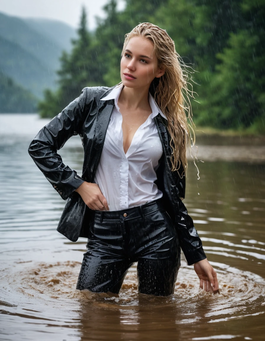 photo of young woman, in soaking wet, drenched clothes,
Black Long Business Trouser, Black Business Suit Jacket with white button down business shirt longsleeve, Clear Mountain lake with heavy rain, 
enjoying, wet clothes stuck to body,
detailed textures of the wet clothes, wet face, wet plastered hair,
wet, drenched, professional, high-quality details, full body view.
sharp focus, ultra-high pixel detail, realistic, high-quality, full colors, incredibly detailed, 4k, 8k, 16k, hyper-realistic, RAW photo, masterpiece, ultra-detailed, professionally color graded, professional photograph, young elegant beautiful white Blonde women, breast deep submerged, under a big rainshower, fully clothed, completely soaked, fully drenched, completely wet, wetlook, heavy rain, side parting, long hair, rain storm, looks confidently into camera, dry skin, dry clothes, dry fabric