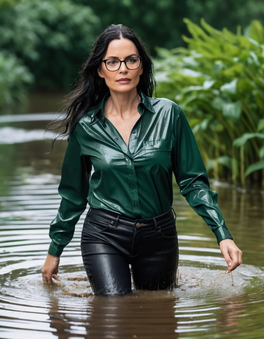 photo of young woman, in soaking wet, drenched clothes,
office shoes , long black leather jeans, dark green satin shirt with long sleeves, walking submerged in flooded garden, 
enjoying, wet clothes stuck to body,
detailed textures of the wet clothes, wet face, wet plastered hair,
wet, drenched, professional, high-quality details, full body view.
sharp focus, ultra-high pixel detail, realistic, high-quality, full colors, incredibly detailed, 4k, 8k, 16k, hyper-realistic, RAW photo, masterpiece, ultra-detailed, professionally color graded, professional photograph, woman 51 years old, long black hair, very big and thick lips, office glasses, complete body, open mouth, dry skin, dry clothes, dry fabric, dry skin, dry clothes, dry fabric, dry skin, dry clothes, dry fabric, dry skin, dry clothes, dry fabric
