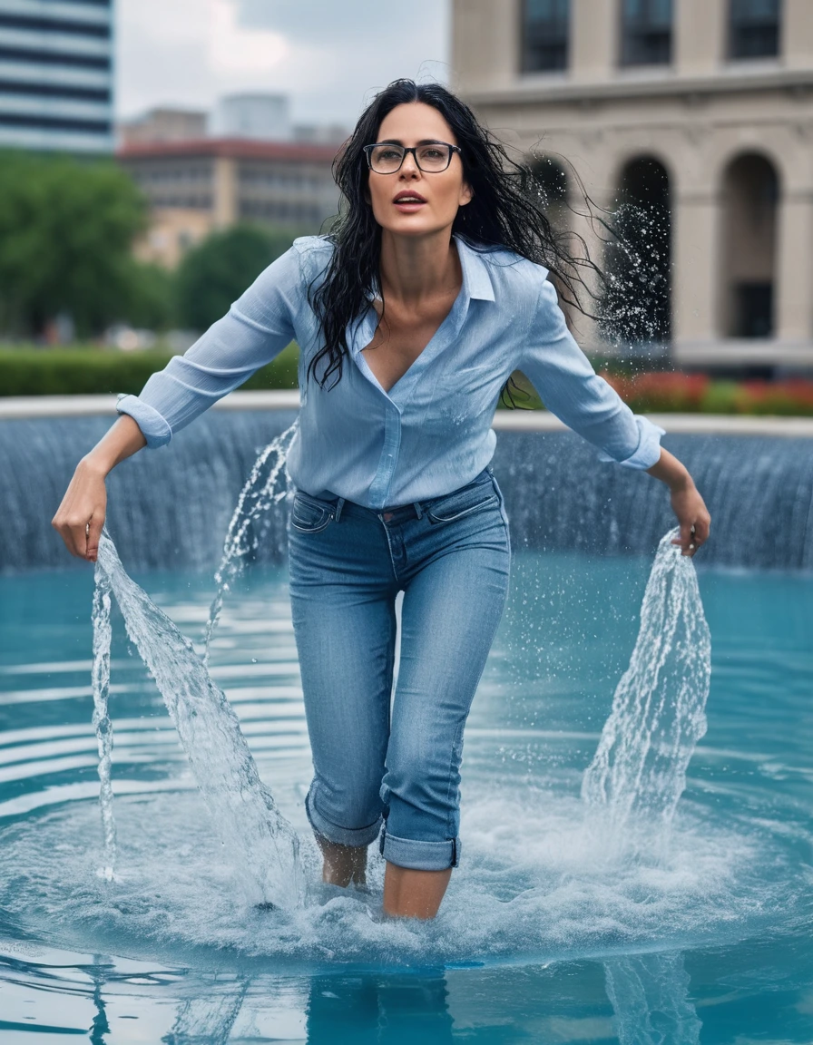 photo of young woman, in soaking wet, drenched clothes,
office shoes , long light blue tight jeans, light blue jeans shirt with long sleeves, walking submerged in public artesian fountain, 
enjoying, wet clothes stuck to body,
detailed textures of the wet clothes, wet face, wet plastered hair,
wet, drenched, professional, high-quality details, full body view.
sharp focus, ultra-high pixel detail, realistic, high-quality, full colors, incredibly detailed, 4k, 8k, 16k, hyper-realistic, RAW photo, masterpiece, ultra-detailed, professionally color graded, professional photograph, woman 51 years old, long black hair, very big and thick lips, office glasses, complete body, open mouth, hands in the air, dry skin, dry clothes, dry fabric