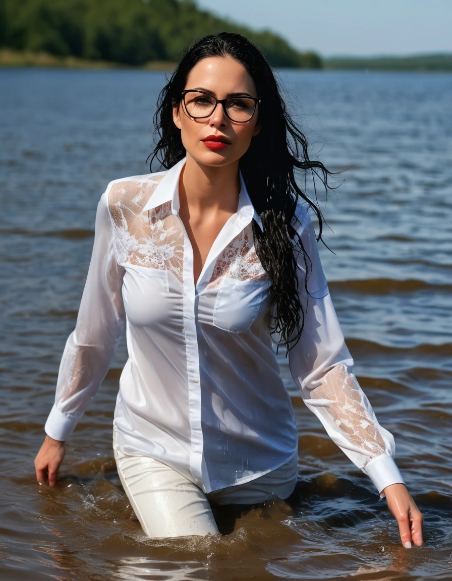 photo of young woman, in soaking wet, drenched clothes,
office shoes , long white leather jeans, white silk lace shirt with long sleeves, walking submerged in sunny deep lake, 
enjoying, wet clothes stuck to body,
detailed textures of the wet clothes, wet face, wet plastered hair,
wet, drenched, professional, high-quality details, full body view.
sharp focus, ultra-high pixel detail, realistic, high-quality, full colors, incredibly detailed, 4k, 8k, 16k, hyper-realistic, RAW photo, masterpiece, ultra-detailed, professionally color graded, professional photograph, woman 51 years old, long black hair, very big and thick lips, office glasses, complete body, open mouth, dry skin, dry clothes, dry fabric, dry skin, dry clothes, dry fabric, dry skin, dry clothes, dry fabric