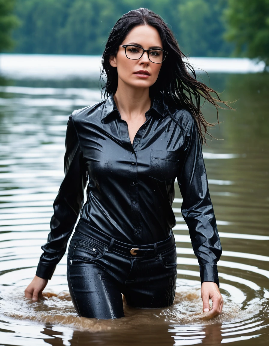 photo of young woman, in soaking wet, drenched clothes,
office shoes , long black leather jeans, black satin shirt with long sleeves, walking under hard rain submerged in sunny deep lake, 
enjoying, wet clothes stuck to body,
detailed textures of the wet clothes, wet face, wet plastered hair,
wet, drenched, professional, high-quality details, full body view.
sharp focus, ultra-high pixel detail, realistic, high-quality, full colors, incredibly detailed, 4k, 8k, 16k, hyper-realistic, RAW photo, masterpiece, ultra-detailed, professionally color graded, professional photograph, woman 51 years old, long black hair, very big and thick lips, office glasses, complete body, open mouth, dry skin, dry clothes, dry fabric, dry skin, dry clothes, dry fabric, dry skin, dry clothes, dry fabric, dry skin, dry clothes, dry fabric